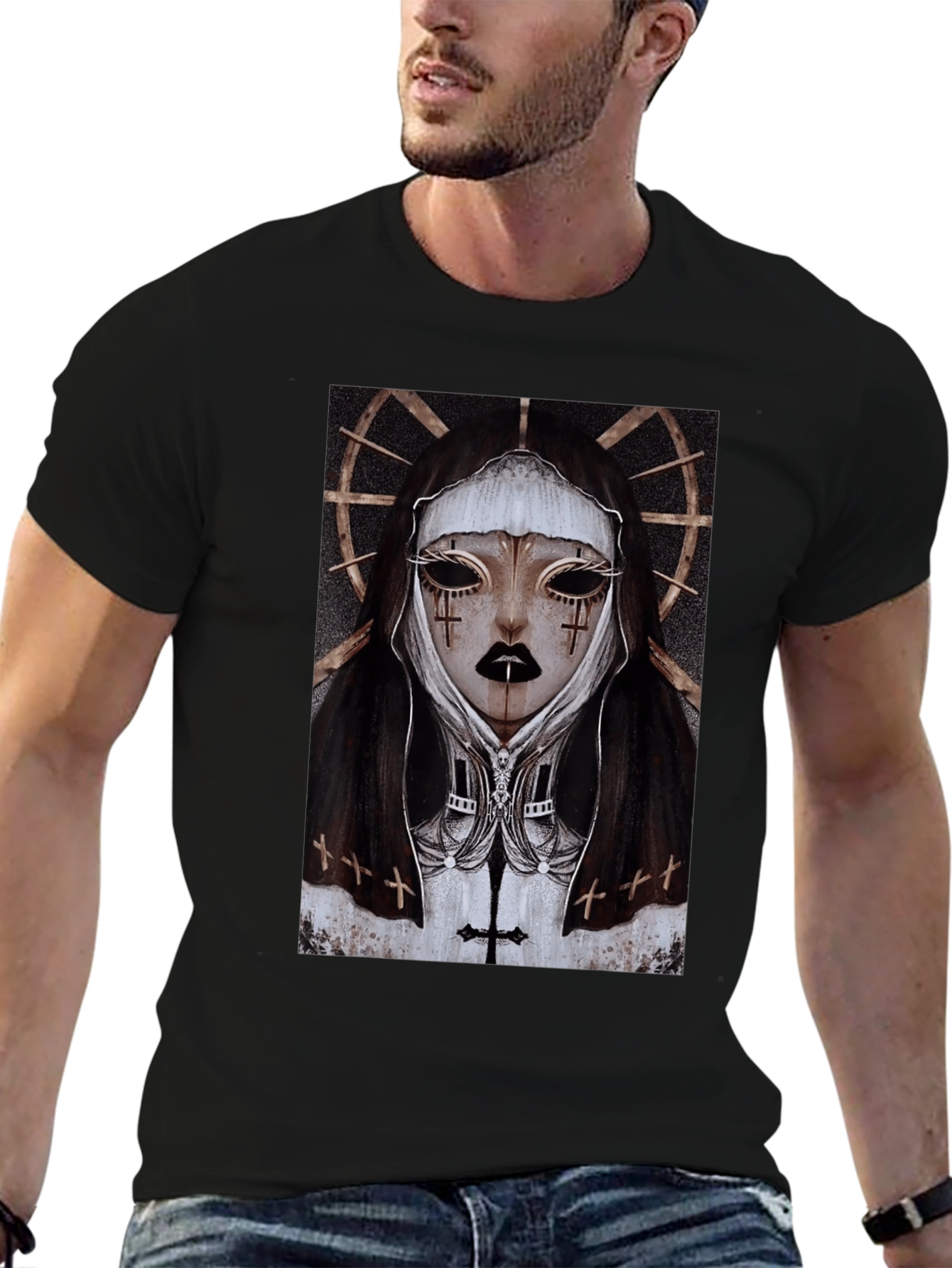 Gothic Nun Graphic Tee - Dark Religious Apparel