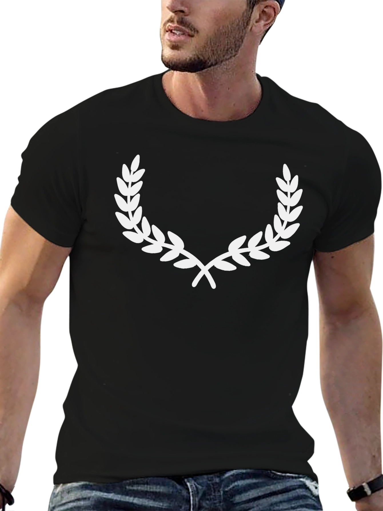 Black T-Shirt with White Laurel Wreath Graphic