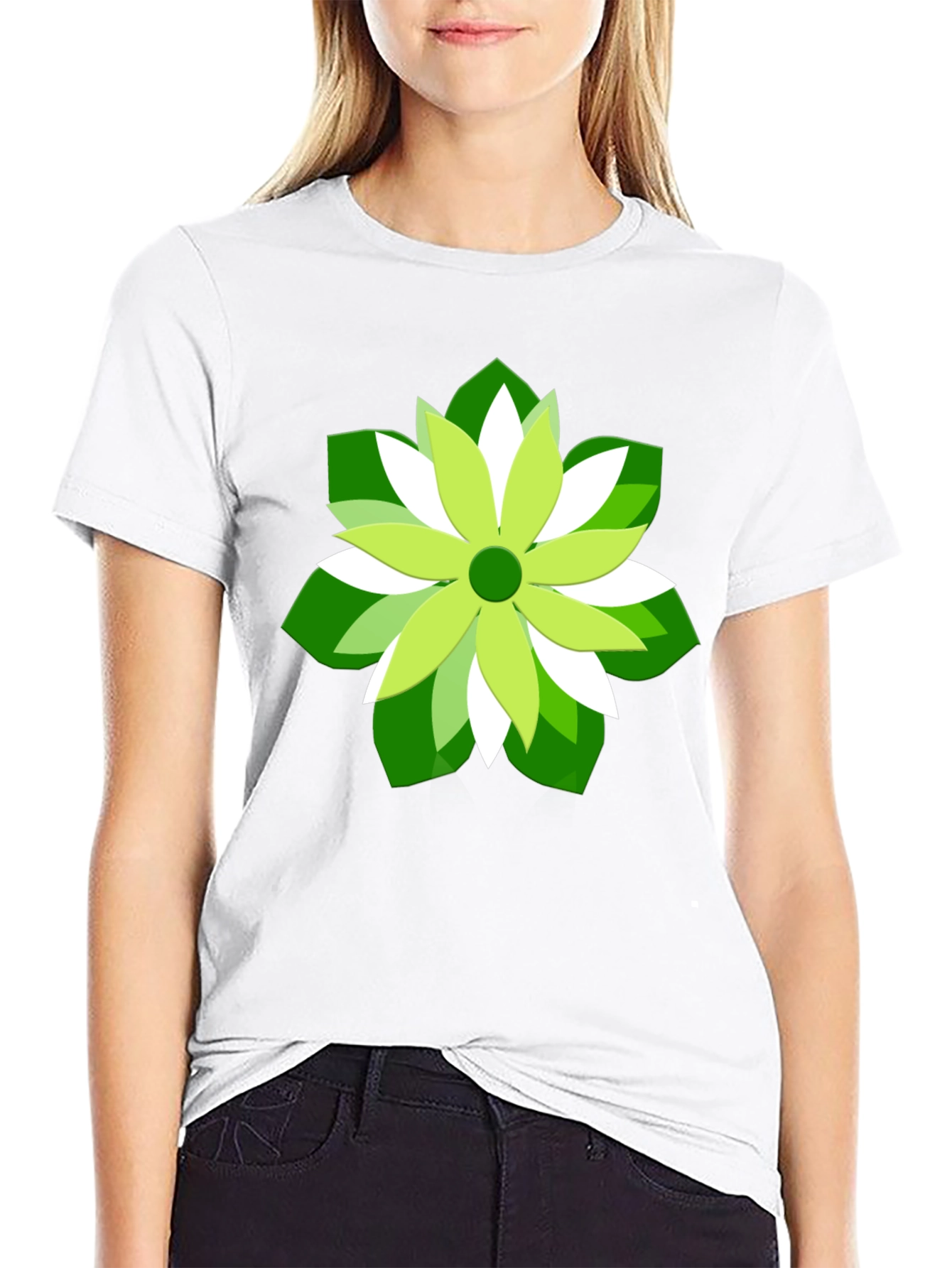 Green Flower Graphic Print Black T-Shirt