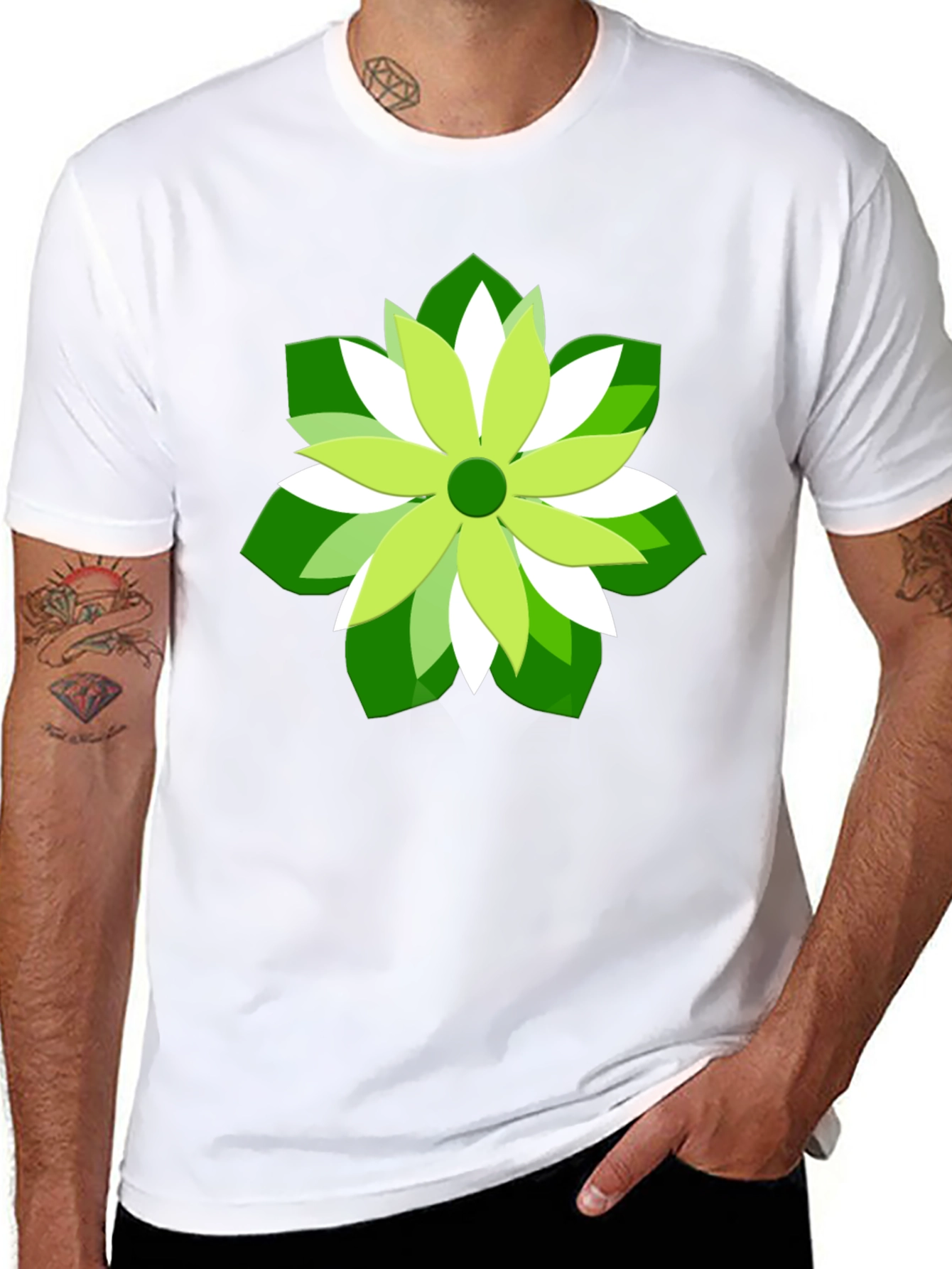 Green Flower Graphic Print Black T-Shirt