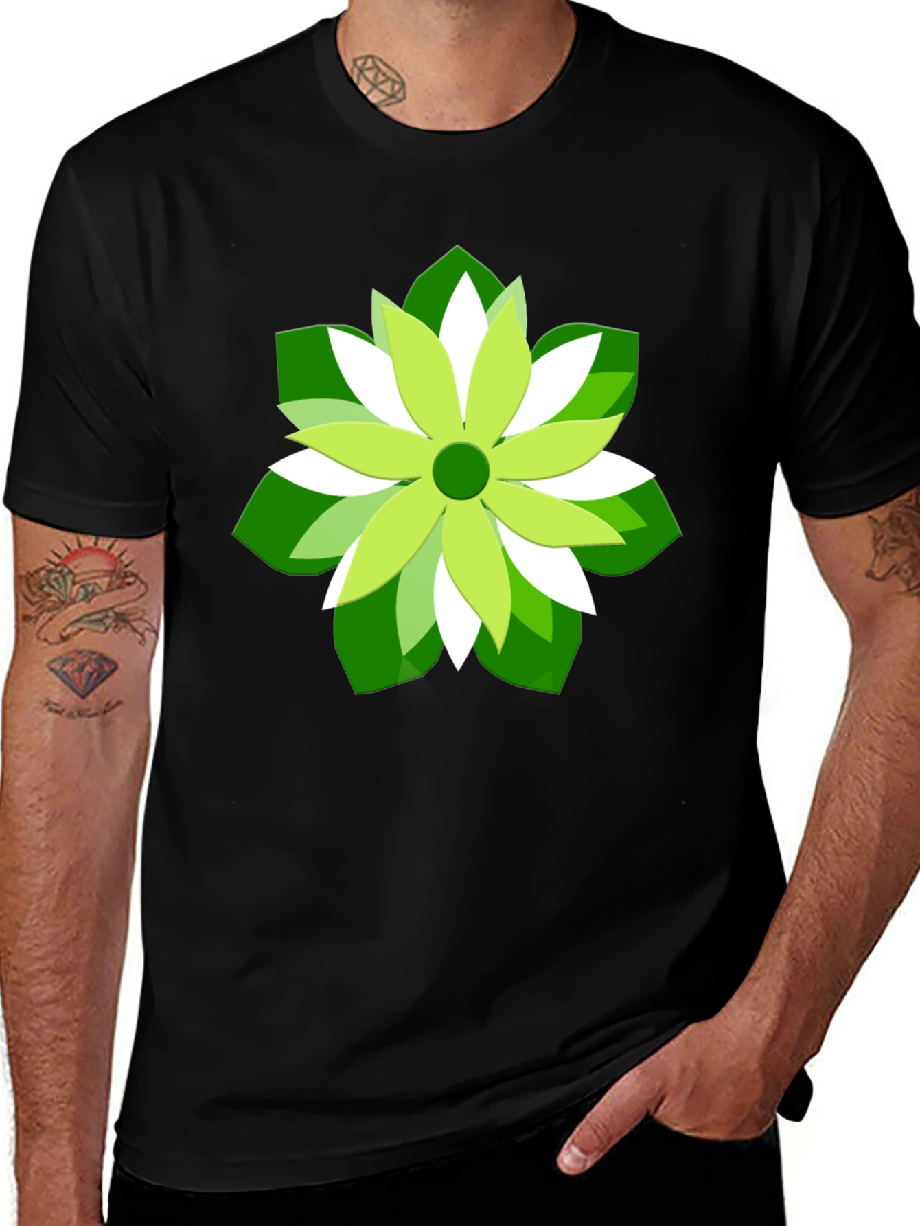 Green Flower Graphic Print Black T-Shirt