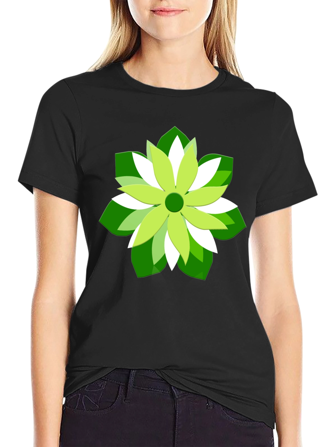 Green Flower Graphic Print Black T-Shirt