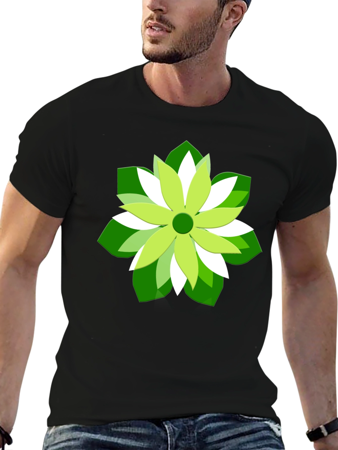 Green Flower Graphic Print Black T-Shirt