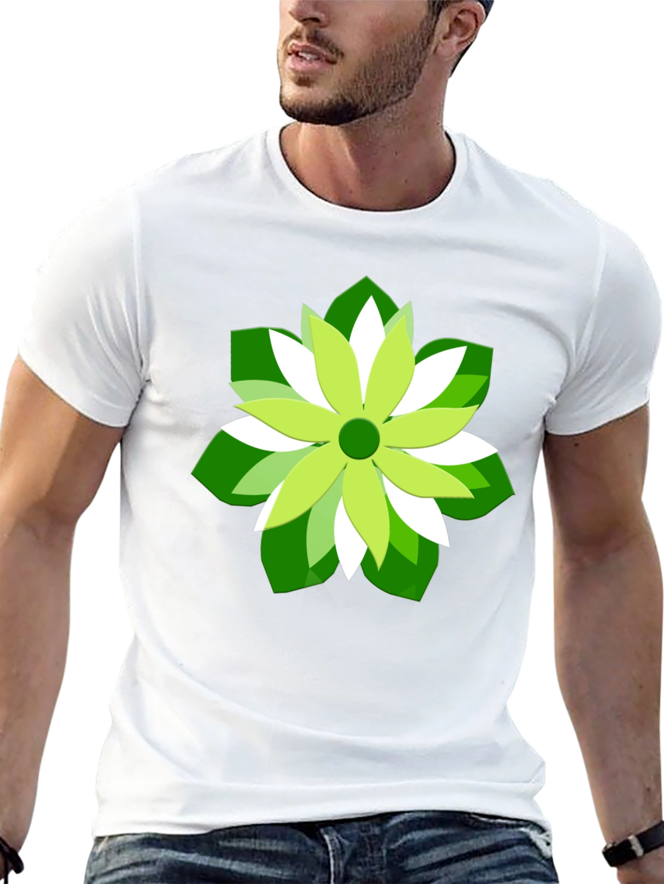 Green Flower Graphic Print Black T-Shirt