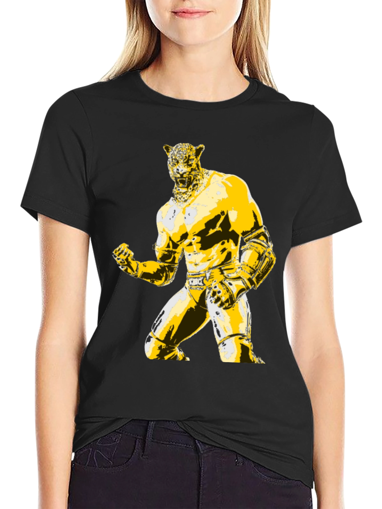 Mens Black T-Shirt with Jaguar Luchador Graphic
