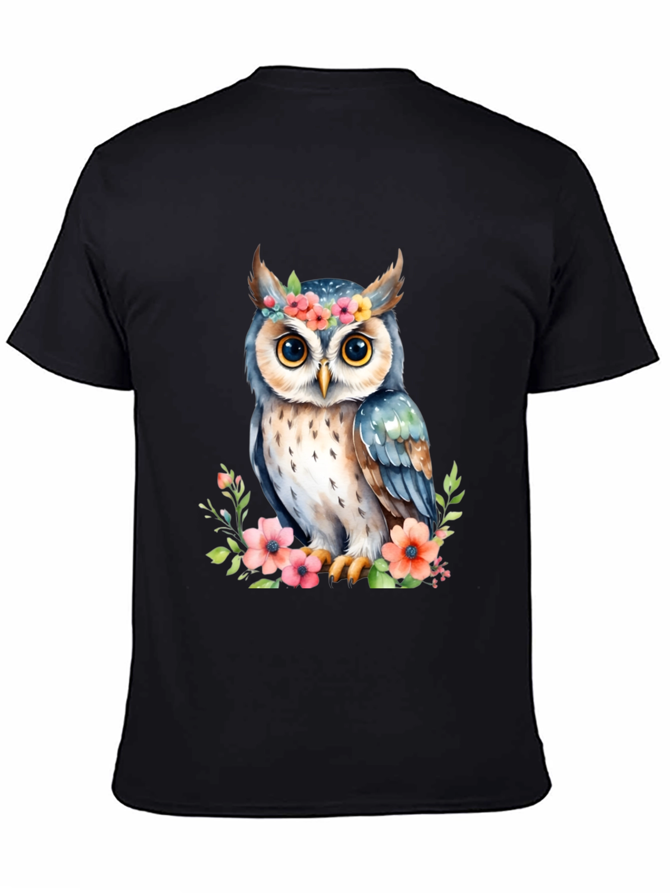 Floral Owl Graphic Tee - Black Cotton Shirt