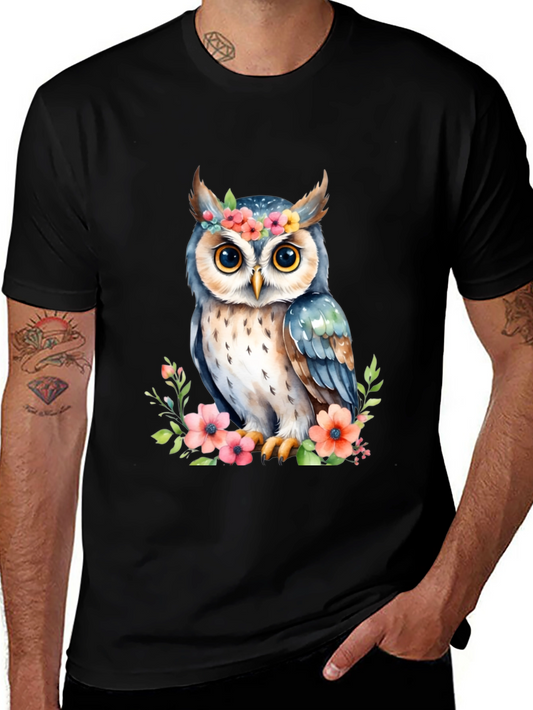 Floral Owl Graphic Tee - Black Cotton Shirt
