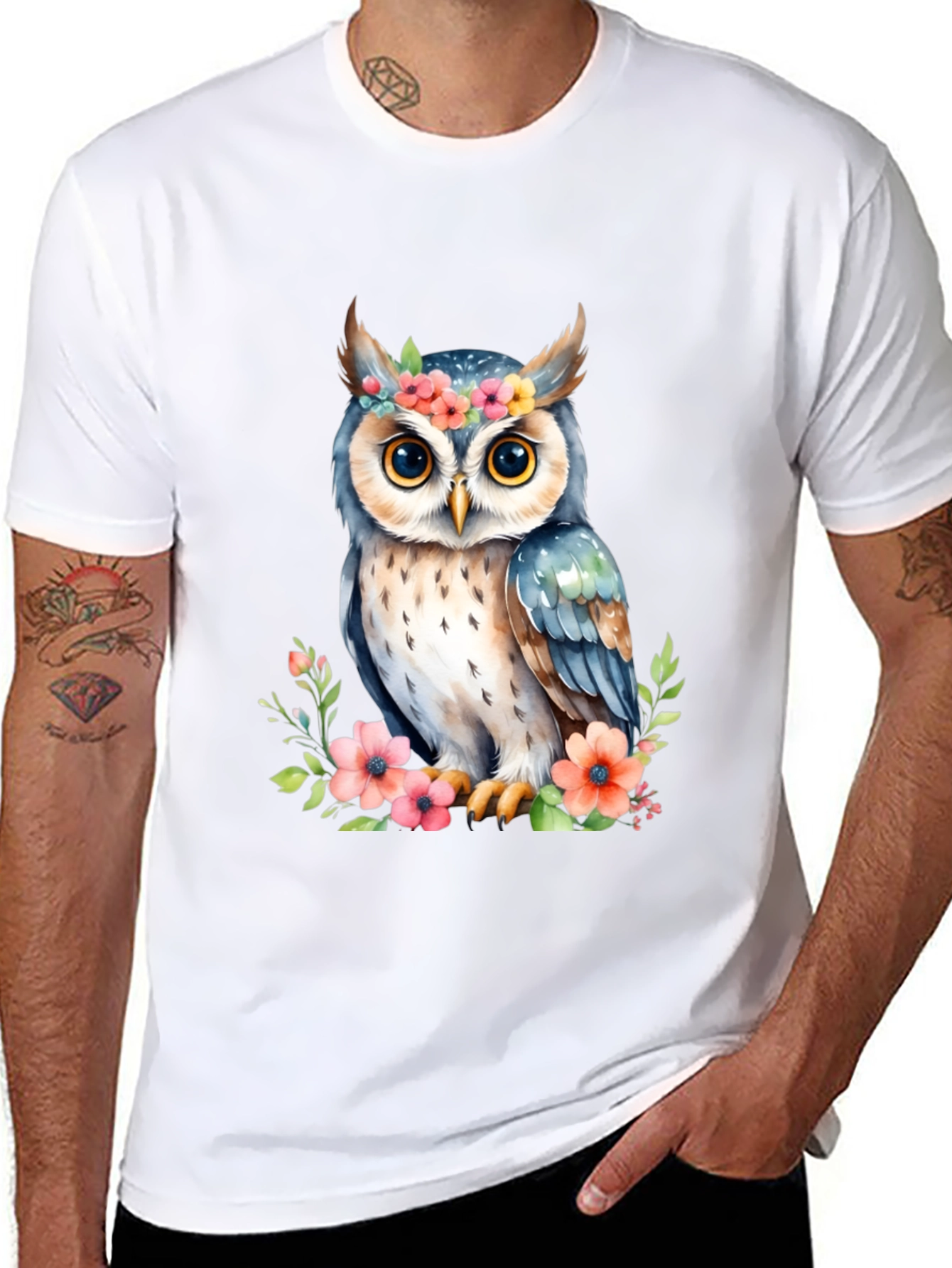 Floral Owl Graphic Tee - Black Cotton Shirt