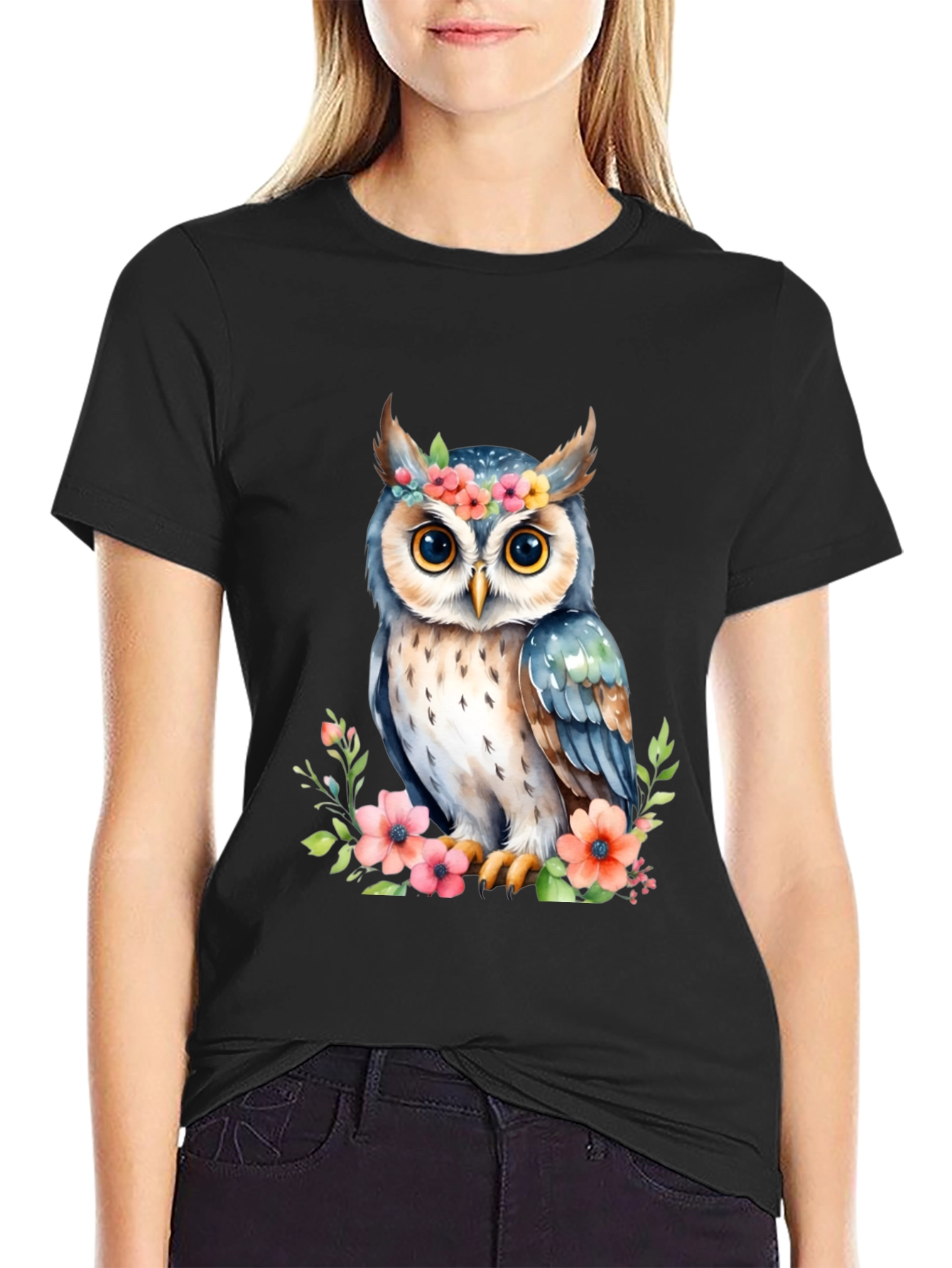 Floral Owl Graphic Tee - Black Cotton Shirt