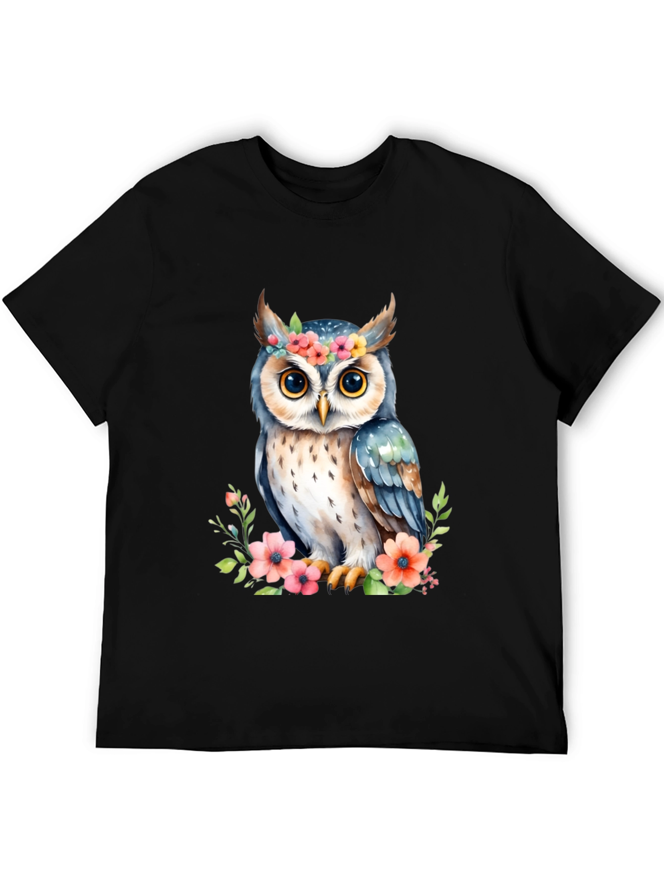 Floral Owl Graphic Tee - Black Cotton Shirt