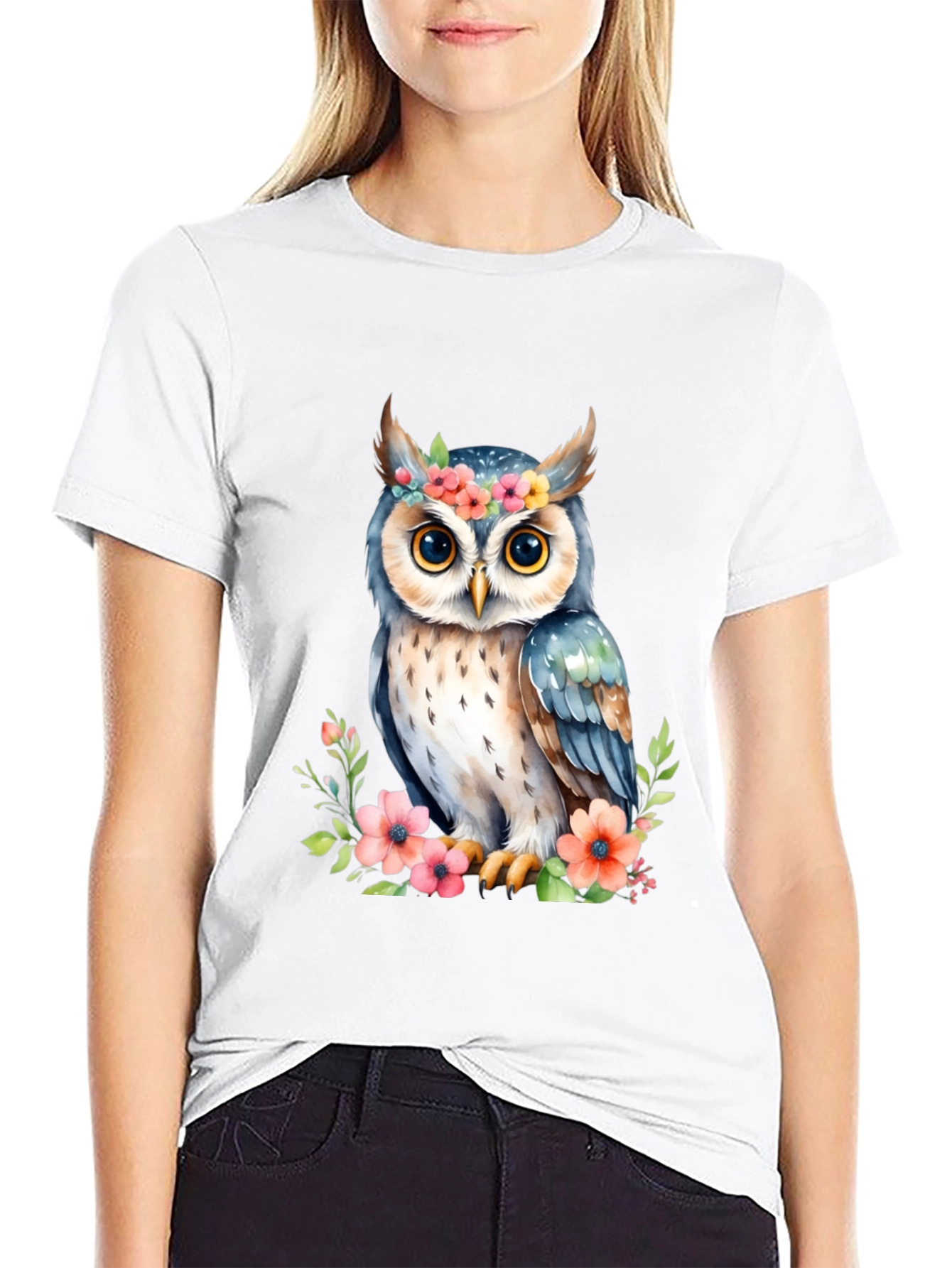 Floral Owl Graphic Tee - Black Cotton Shirt