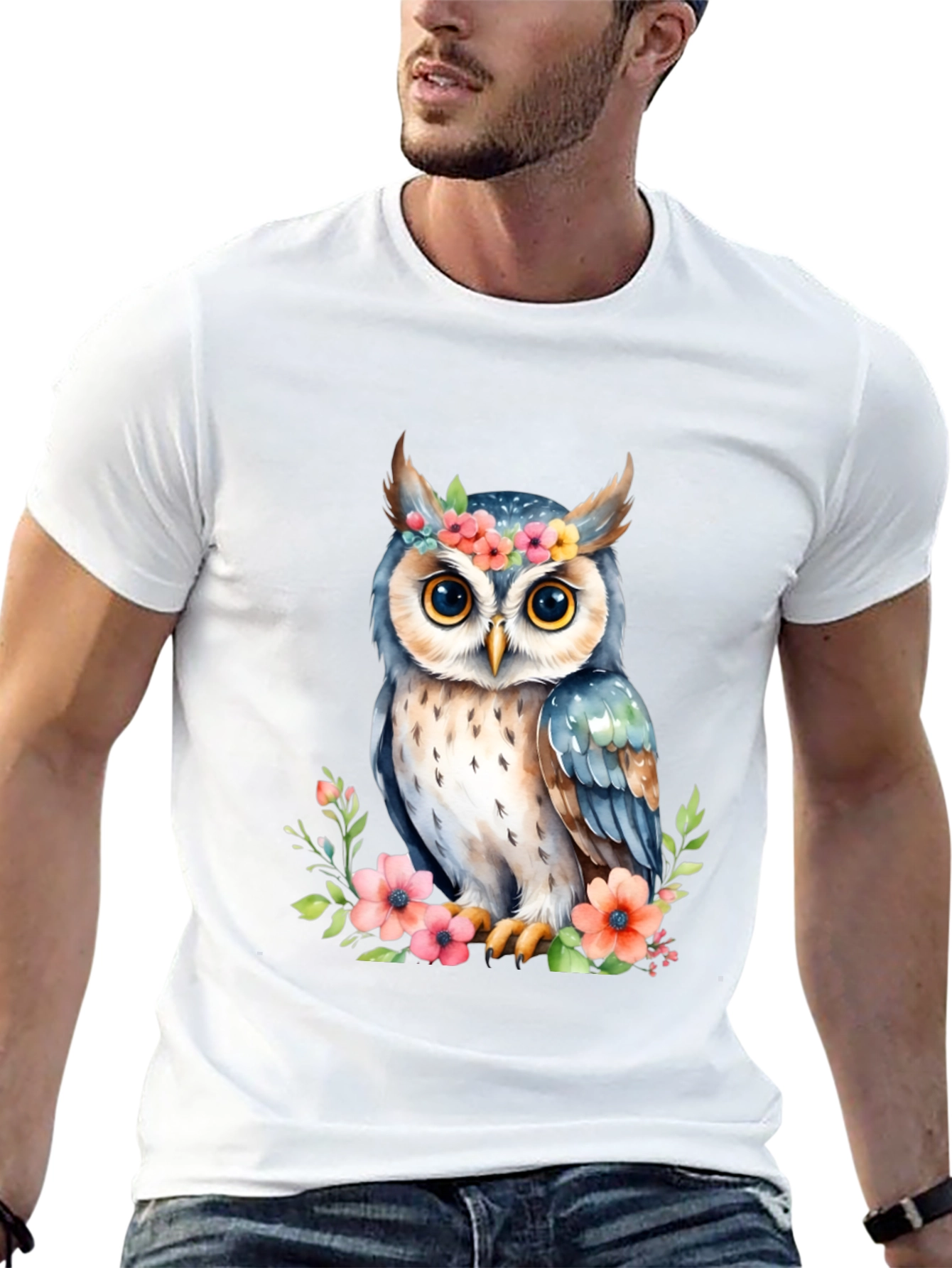 Floral Owl Graphic Tee - Black Cotton Shirt