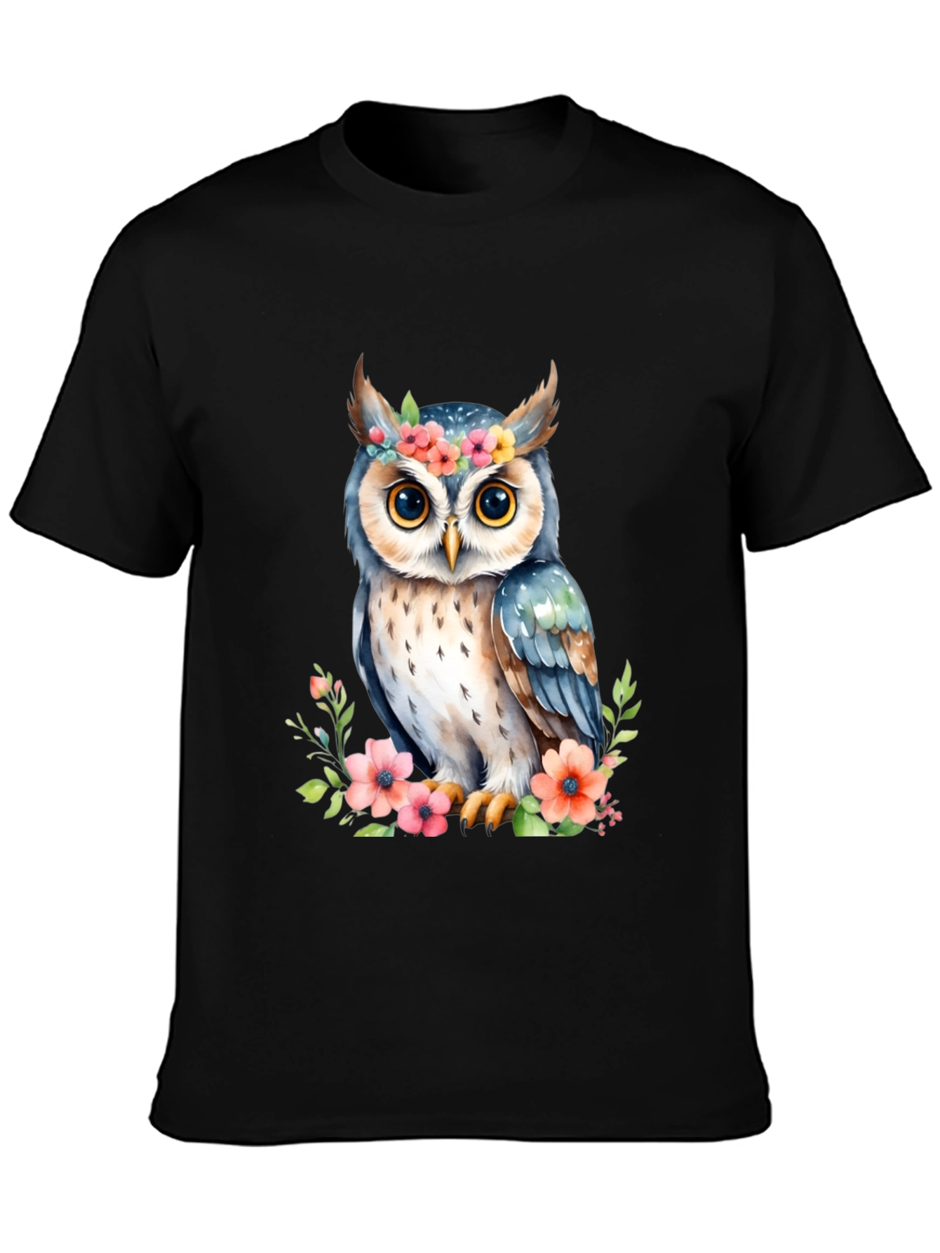 Floral Owl Graphic Tee - Black Cotton Shirt
