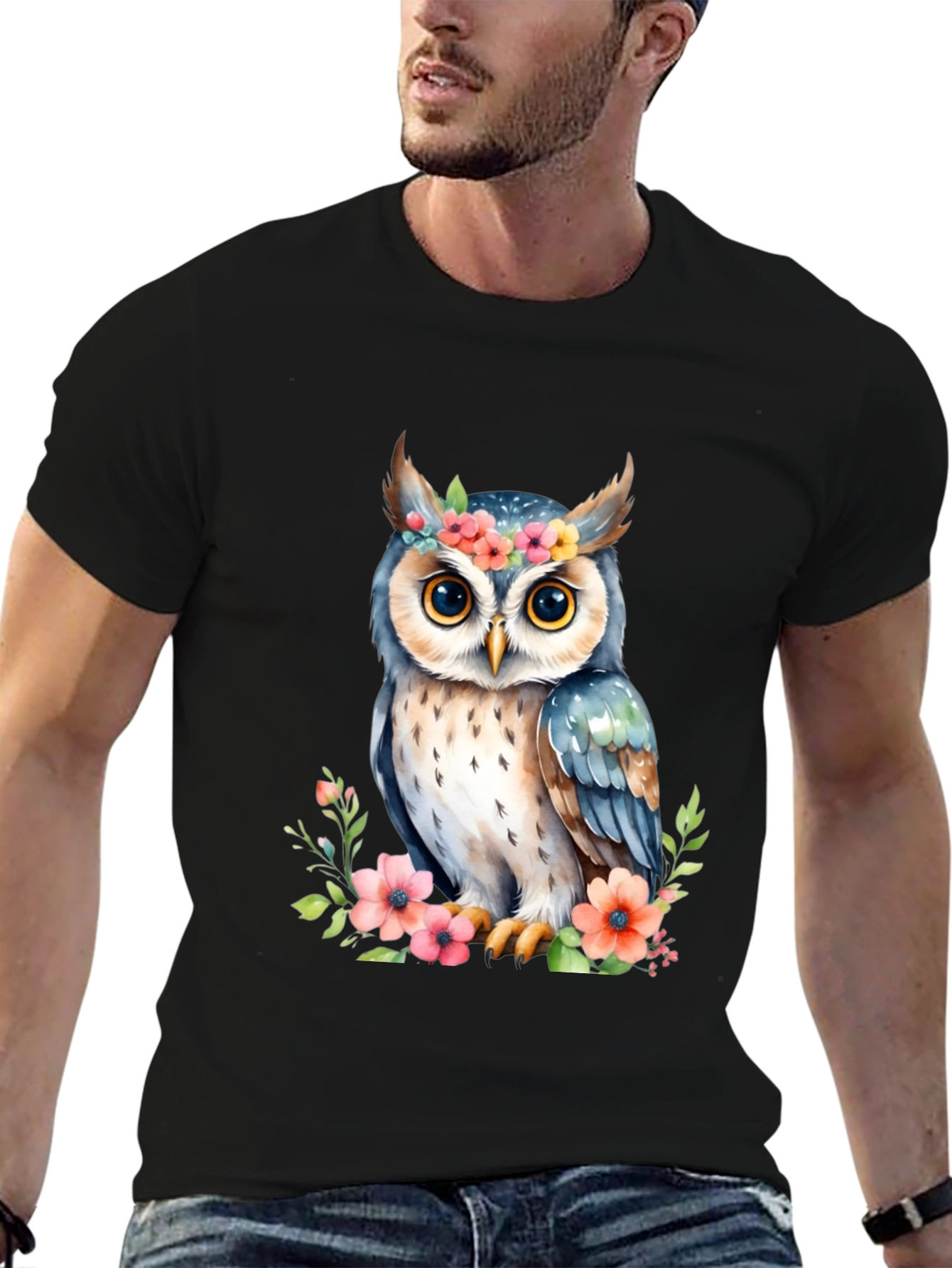 Floral Owl Graphic Tee - Black Cotton Shirt