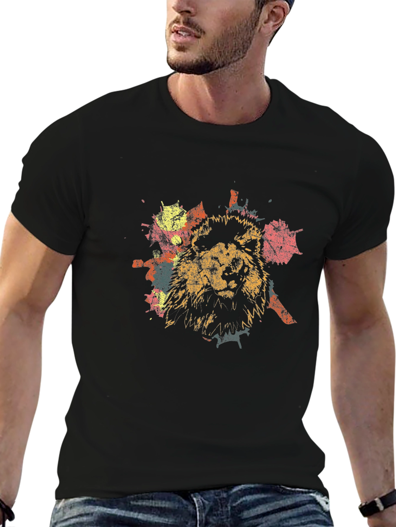 Lion Splatter Print Black T-Shirt