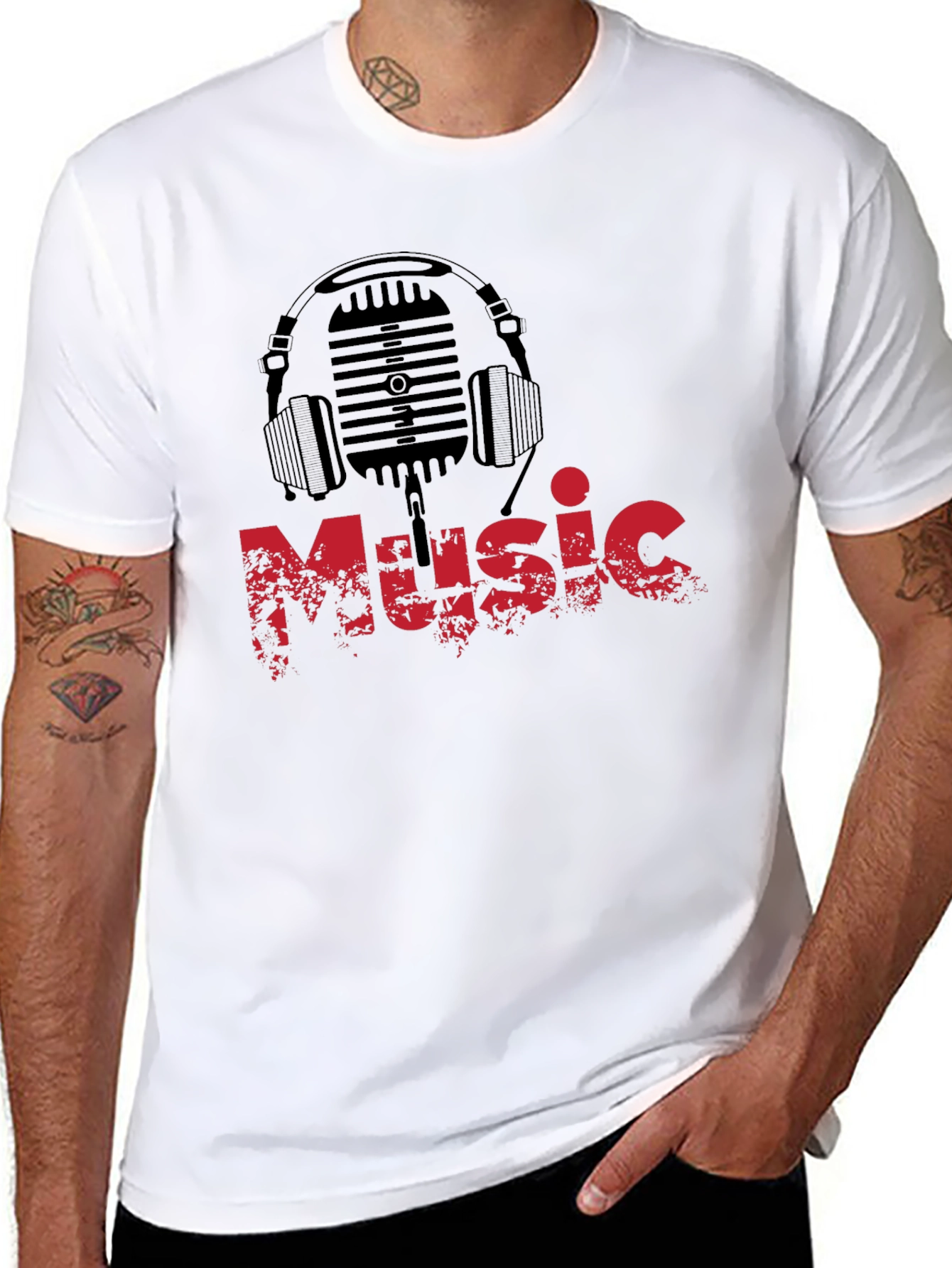 Music Lover Black T-Shirt Microphone Headphones Graphic Tee