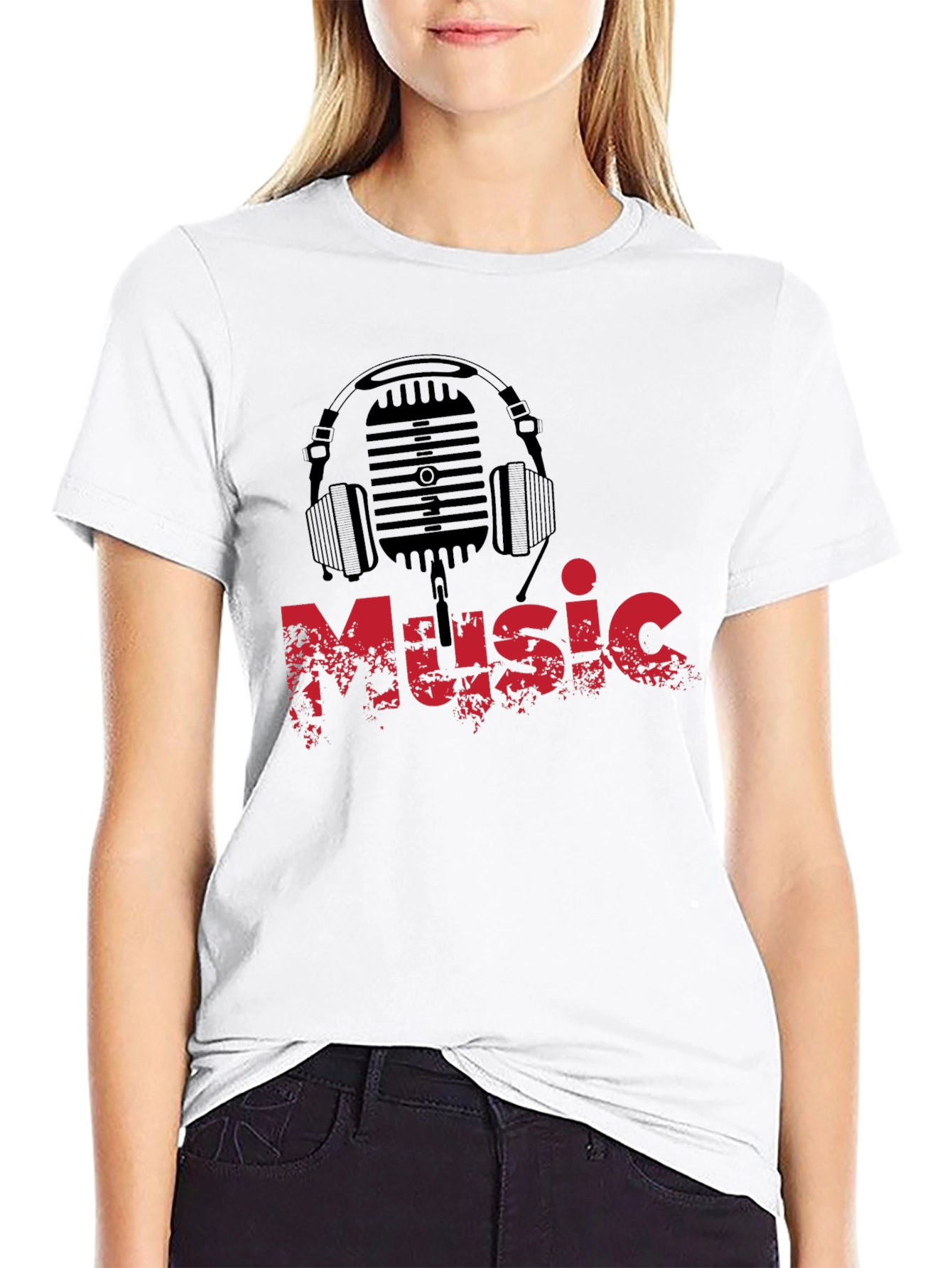 Music Lover Black T-Shirt Microphone Headphones Graphic Tee