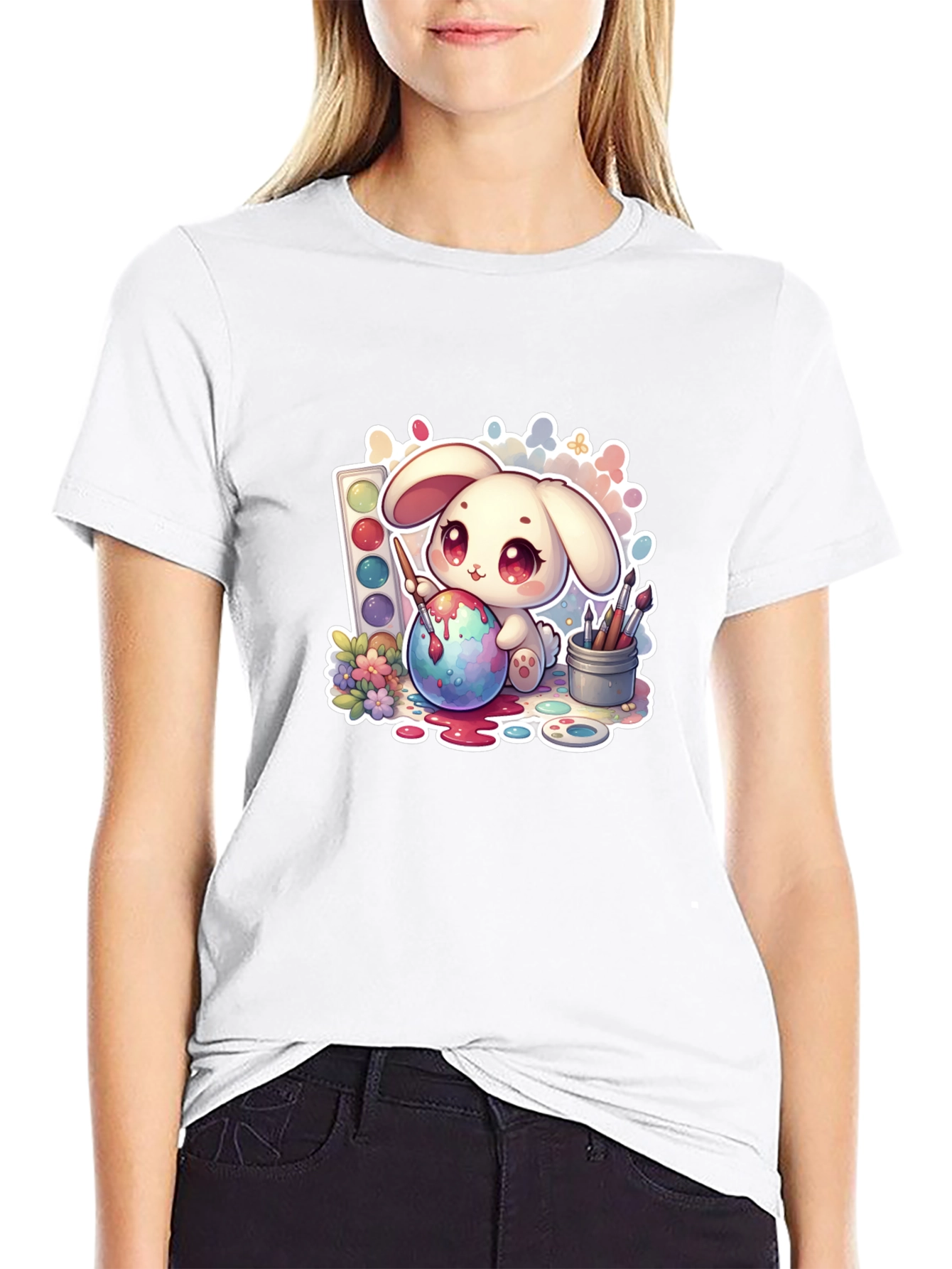 Cute Bunny Painting Easter Egg - Black Tee
