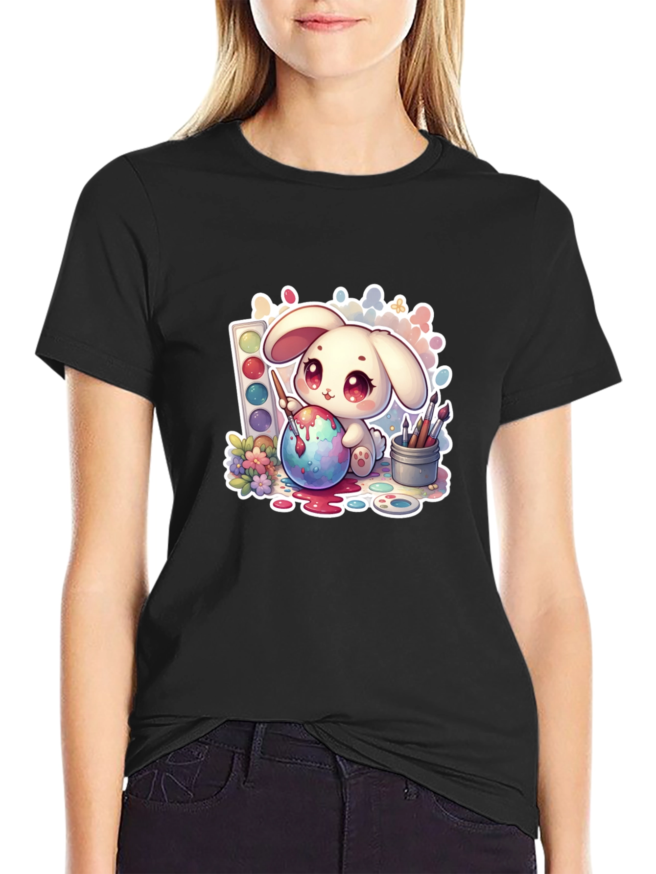 Cute Bunny Painting Easter Egg - Black Tee