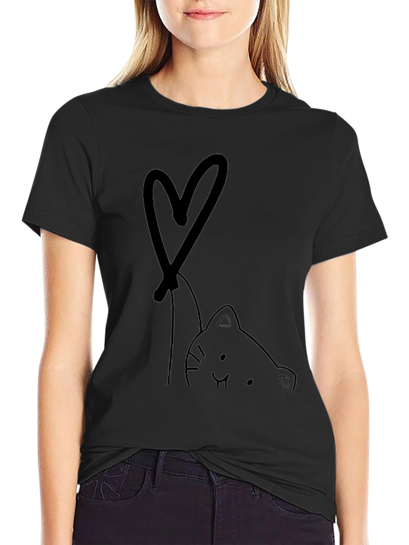 Cute Cat with Heart T-Shirt - Black Graphic Tee