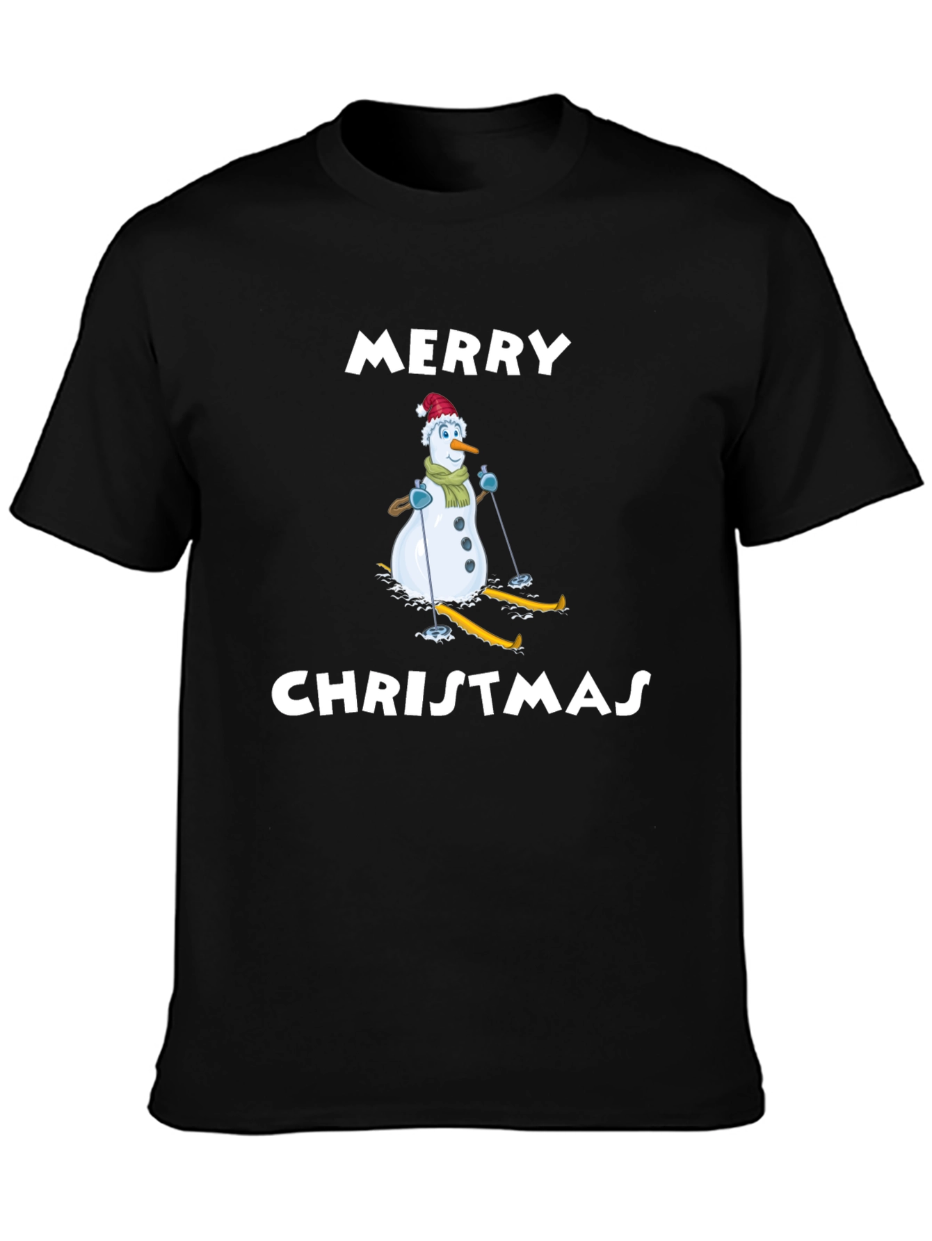 Merry Christmas Snowman Skiing Graphic T-Shirt