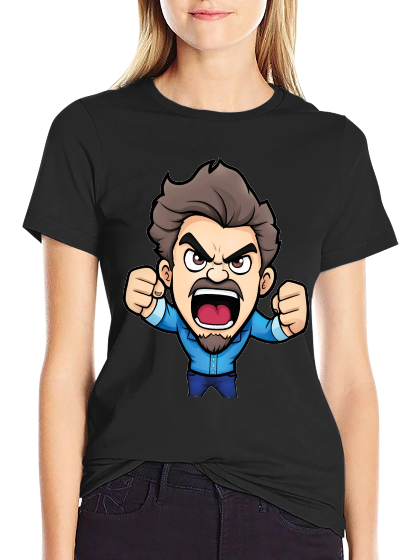 Cartoon Angry Man Black T-Shirt