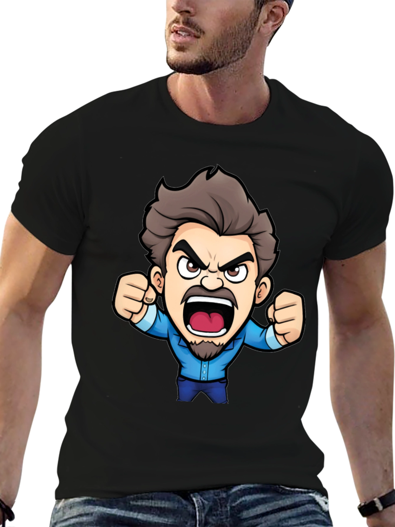 Cartoon Angry Man Black T-Shirt