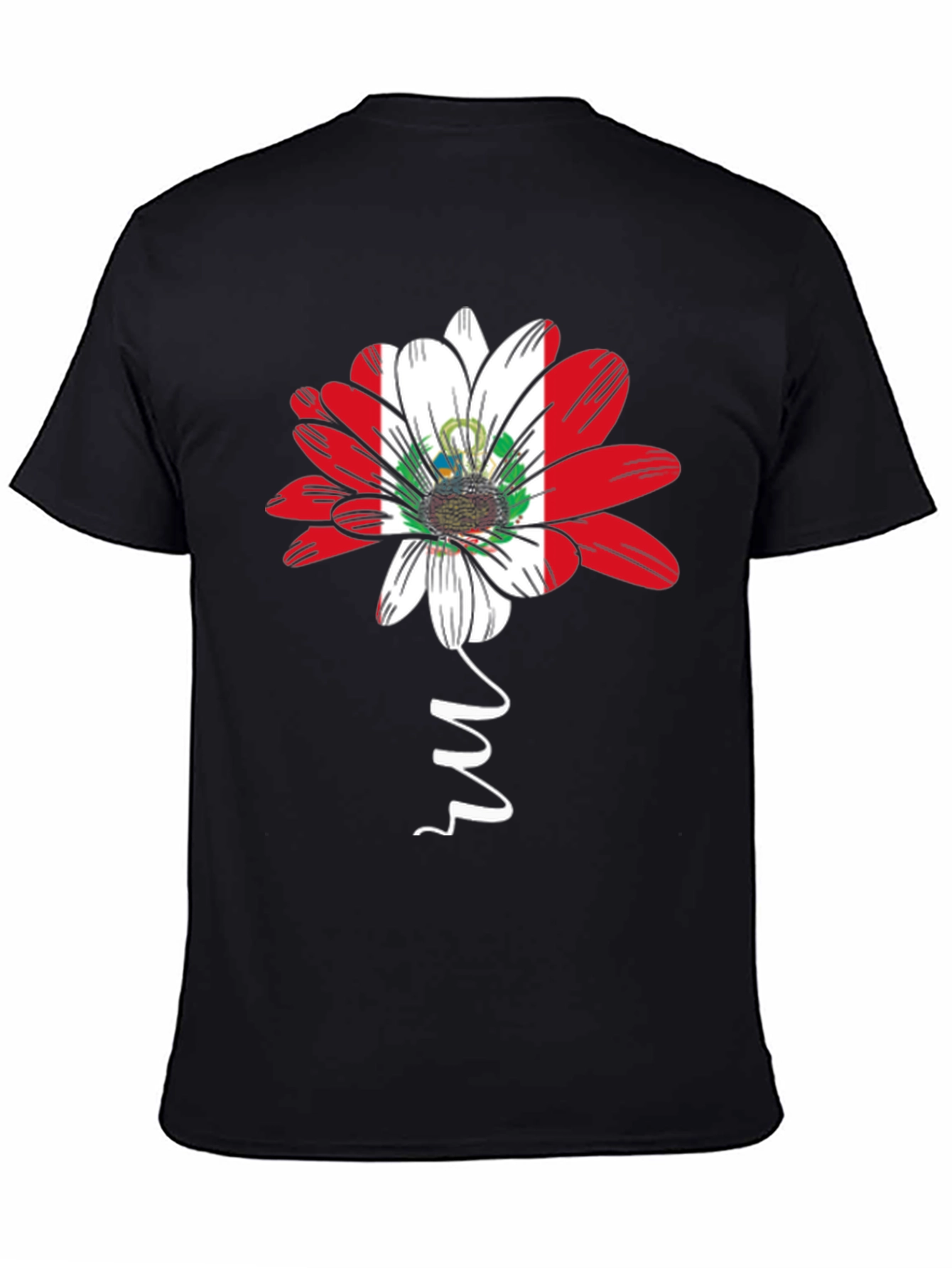 Peru Flag Flower Graphic Tee - Black Cotton T-Shirt