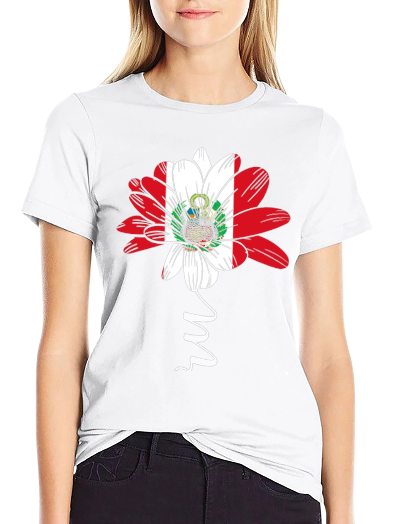 Peru Flag Flower Graphic Tee - Black Cotton T-Shirt