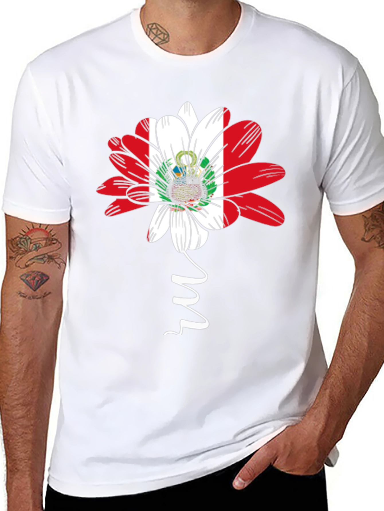 Peru Flag Flower Graphic Tee - Black Cotton T-Shirt