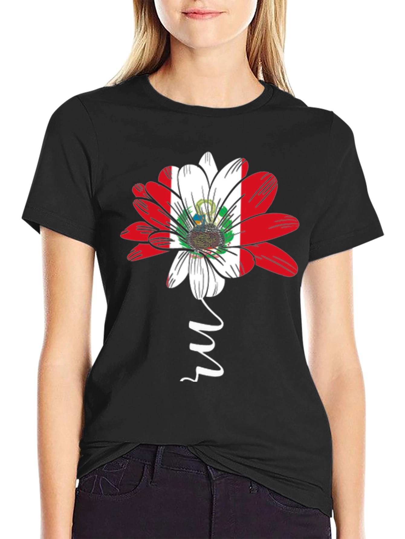 Peru Flag Flower Graphic Tee - Black Cotton T-Shirt