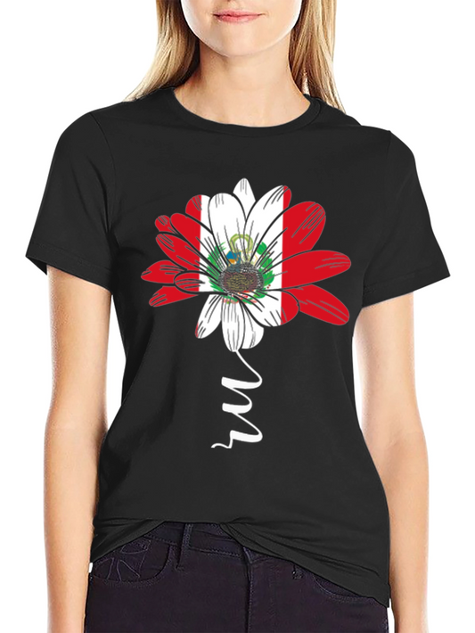 Peru Flag Flower Graphic Tee - Black Cotton T-Shirt