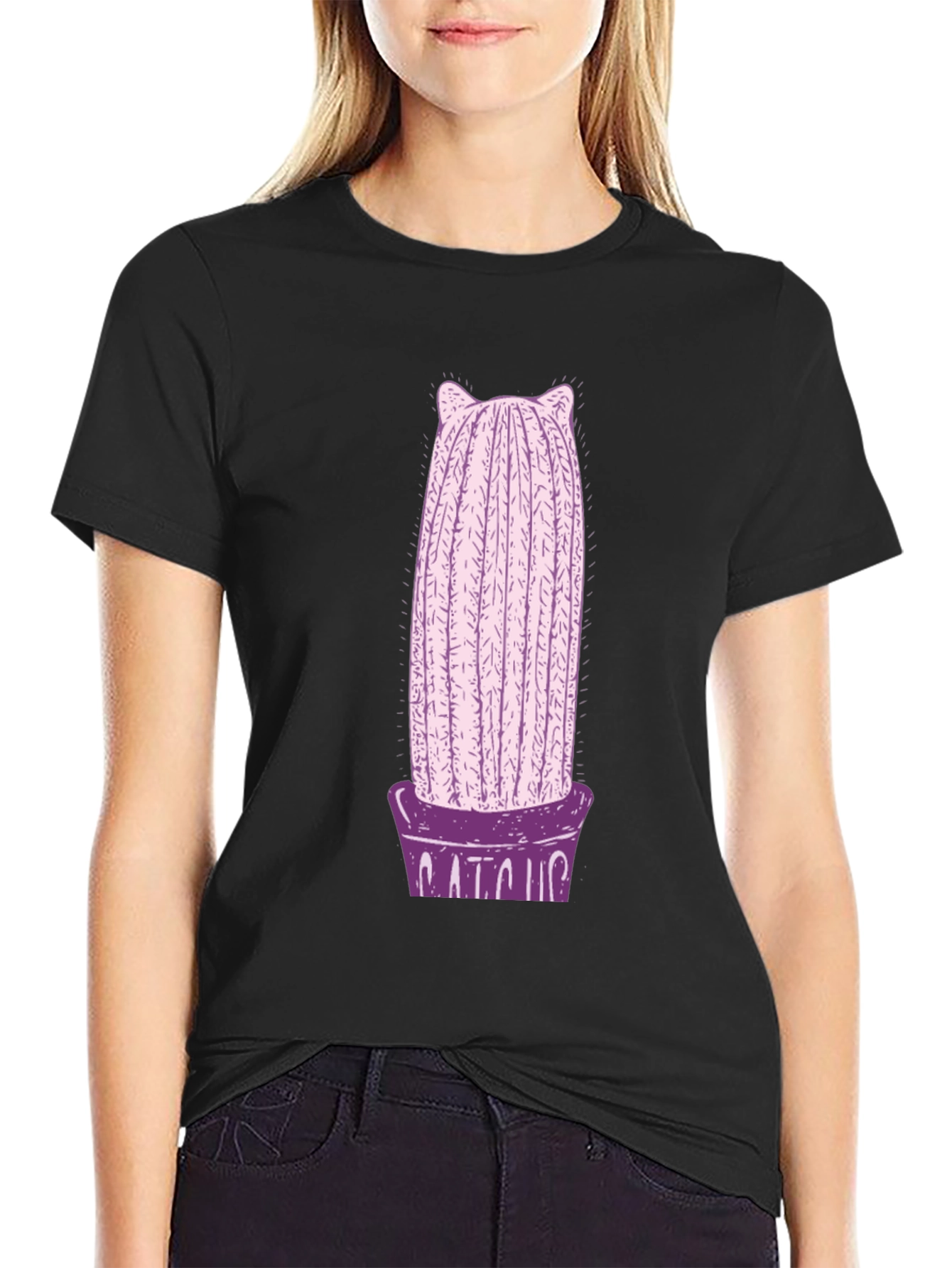 Cute Cactus Cat T-Shirt - Black Graphic Tee