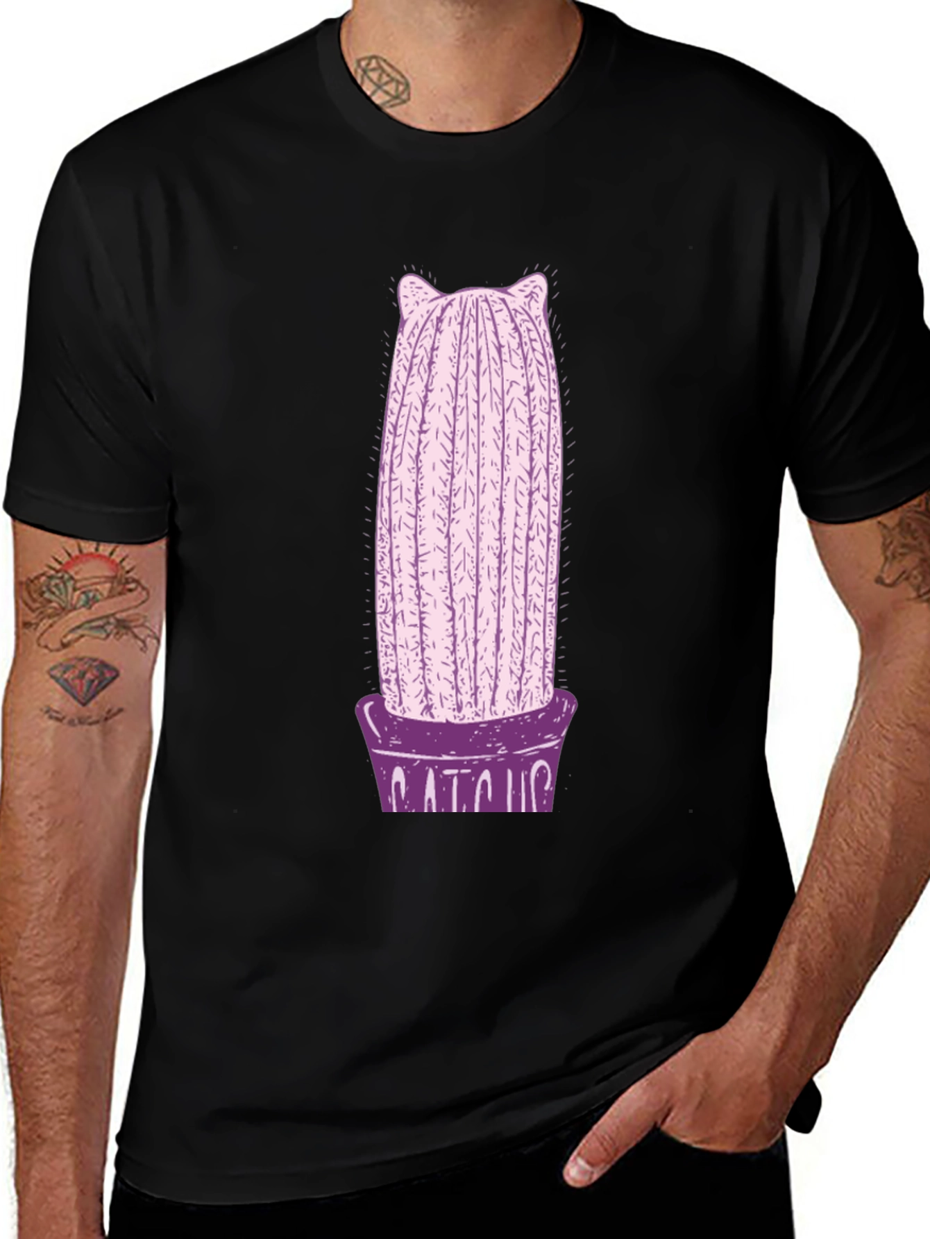 Cute Cactus Cat T-Shirt - Black Graphic Tee