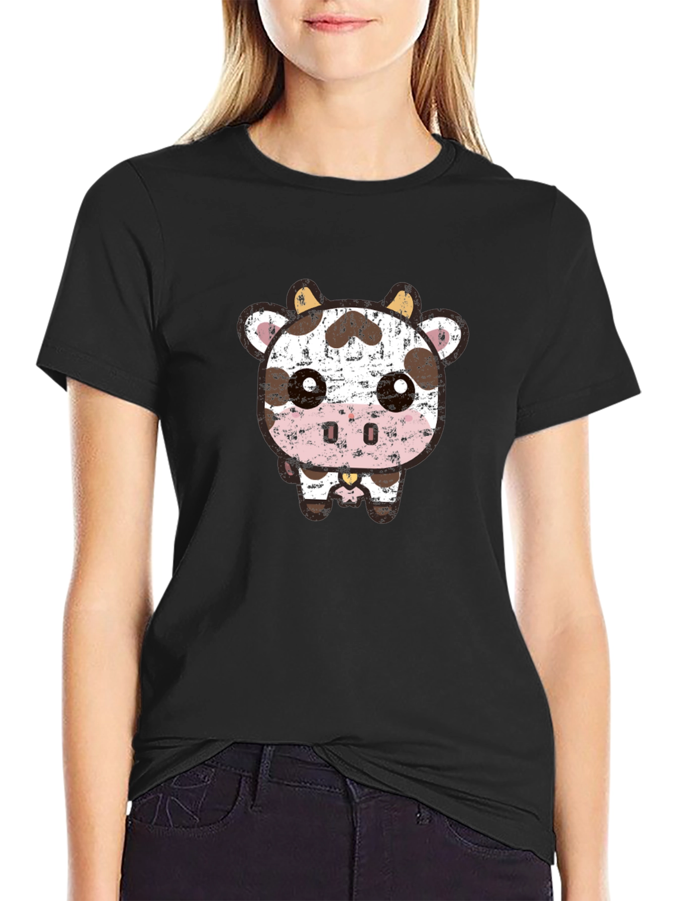 Cute Cartoon Cow Graphic Tee - Black