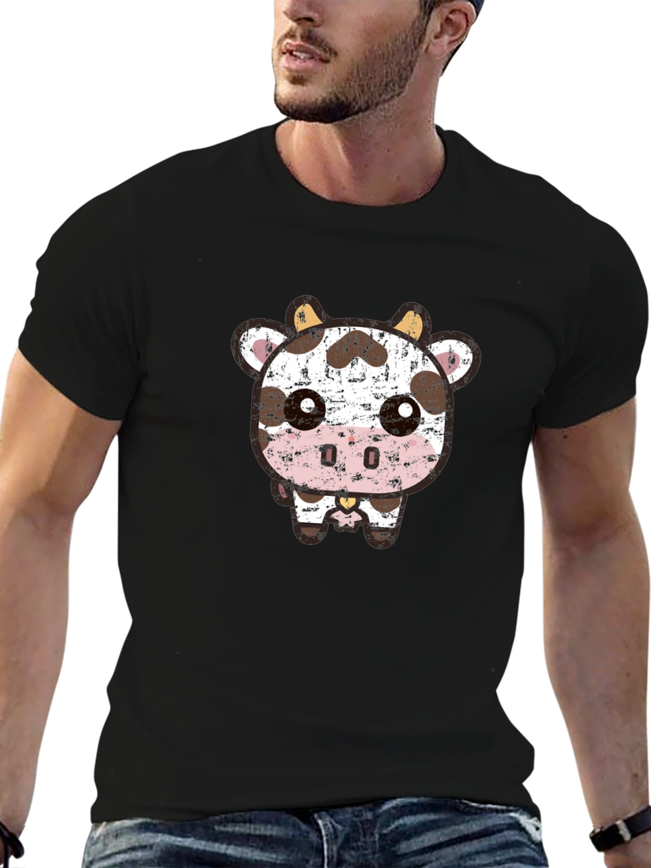 Cute Cartoon Cow Graphic Tee - Black