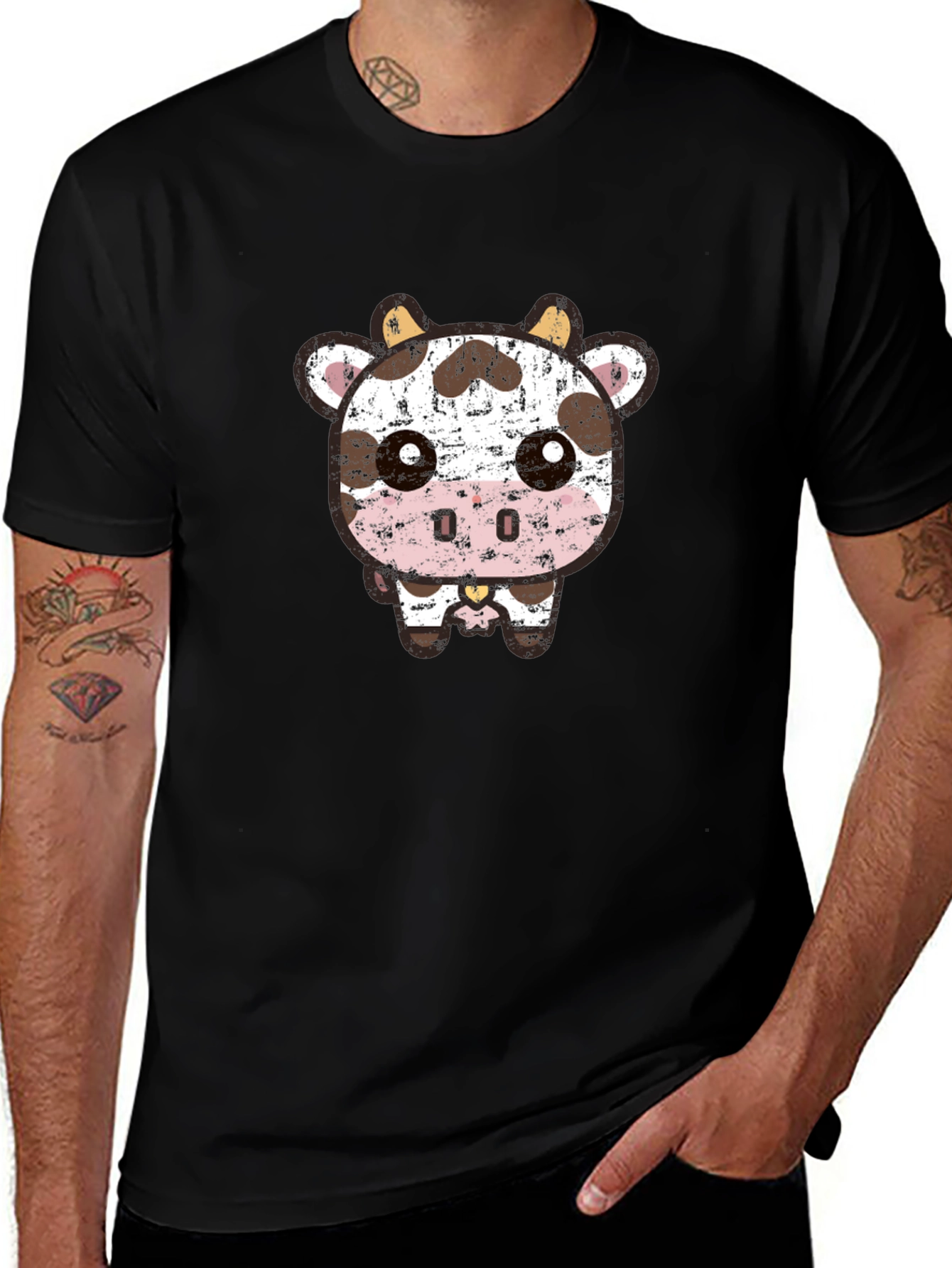 Cute Cartoon Cow Graphic Tee - Black