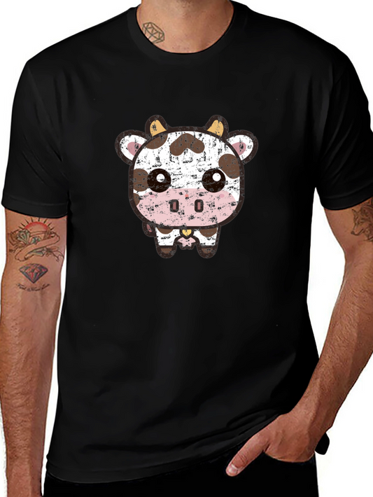 Cute Cartoon Cow Graphic Tee - Black