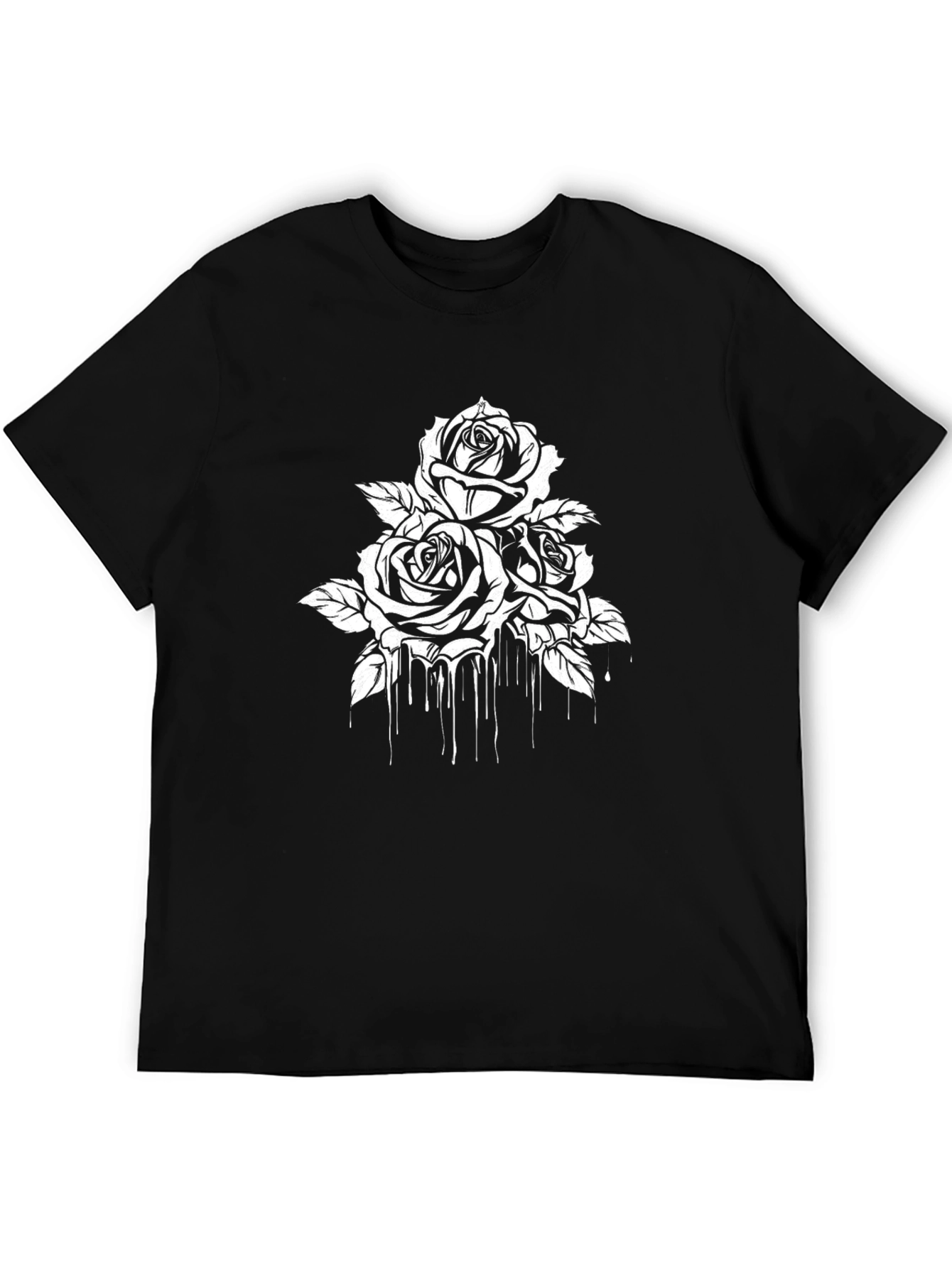 Black T-Shirt with White Rose Drip Design