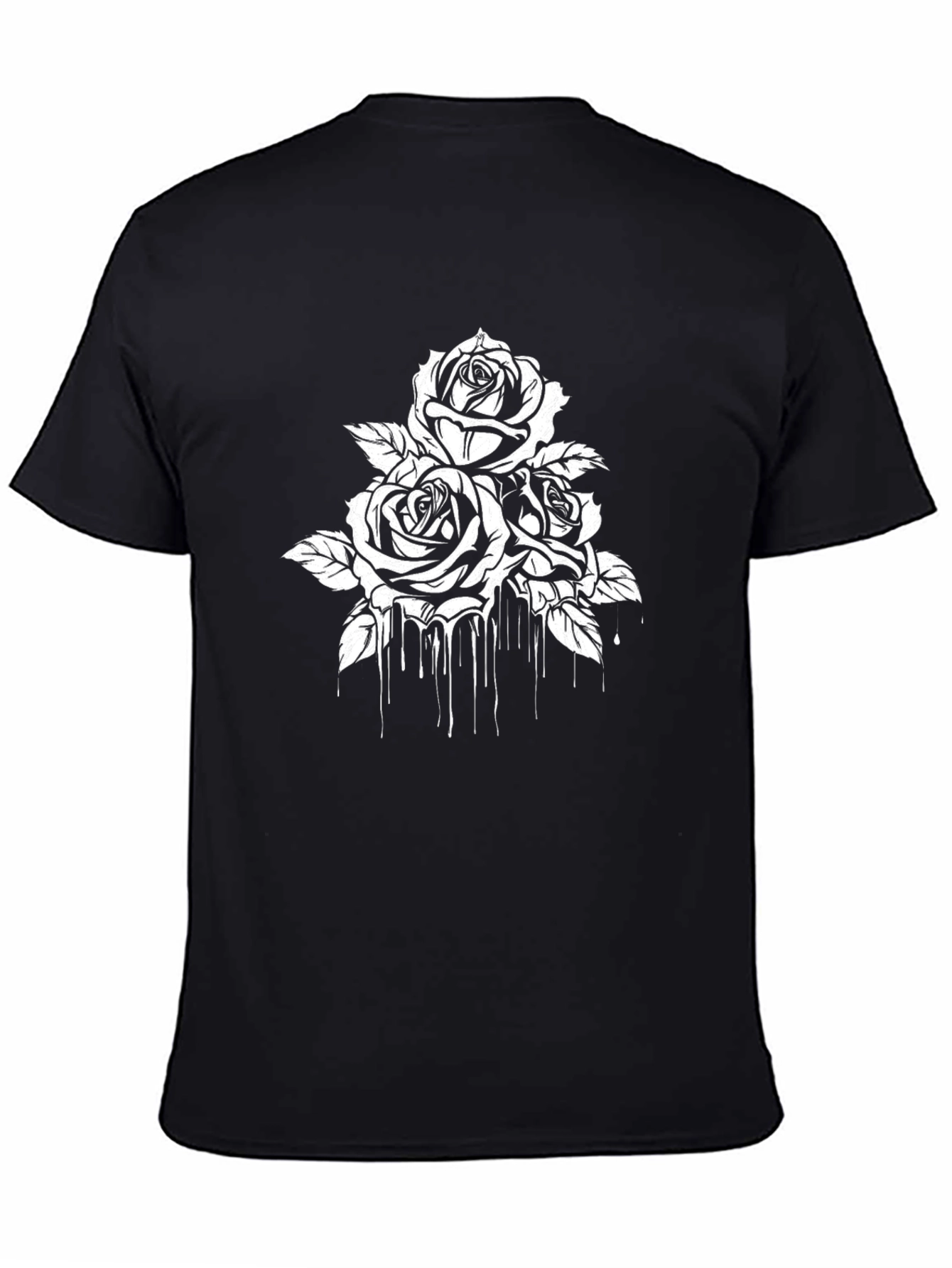 Black T-Shirt with White Rose Drip Design