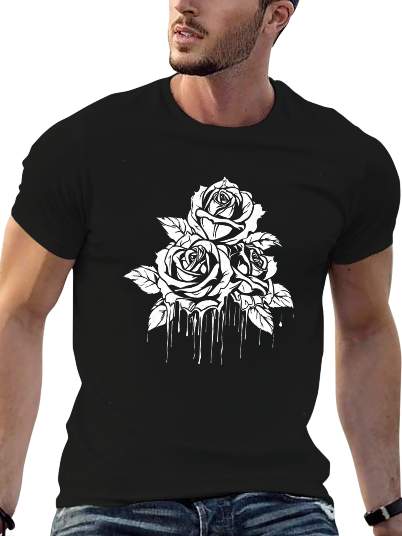 Black T-Shirt with White Rose Drip Design