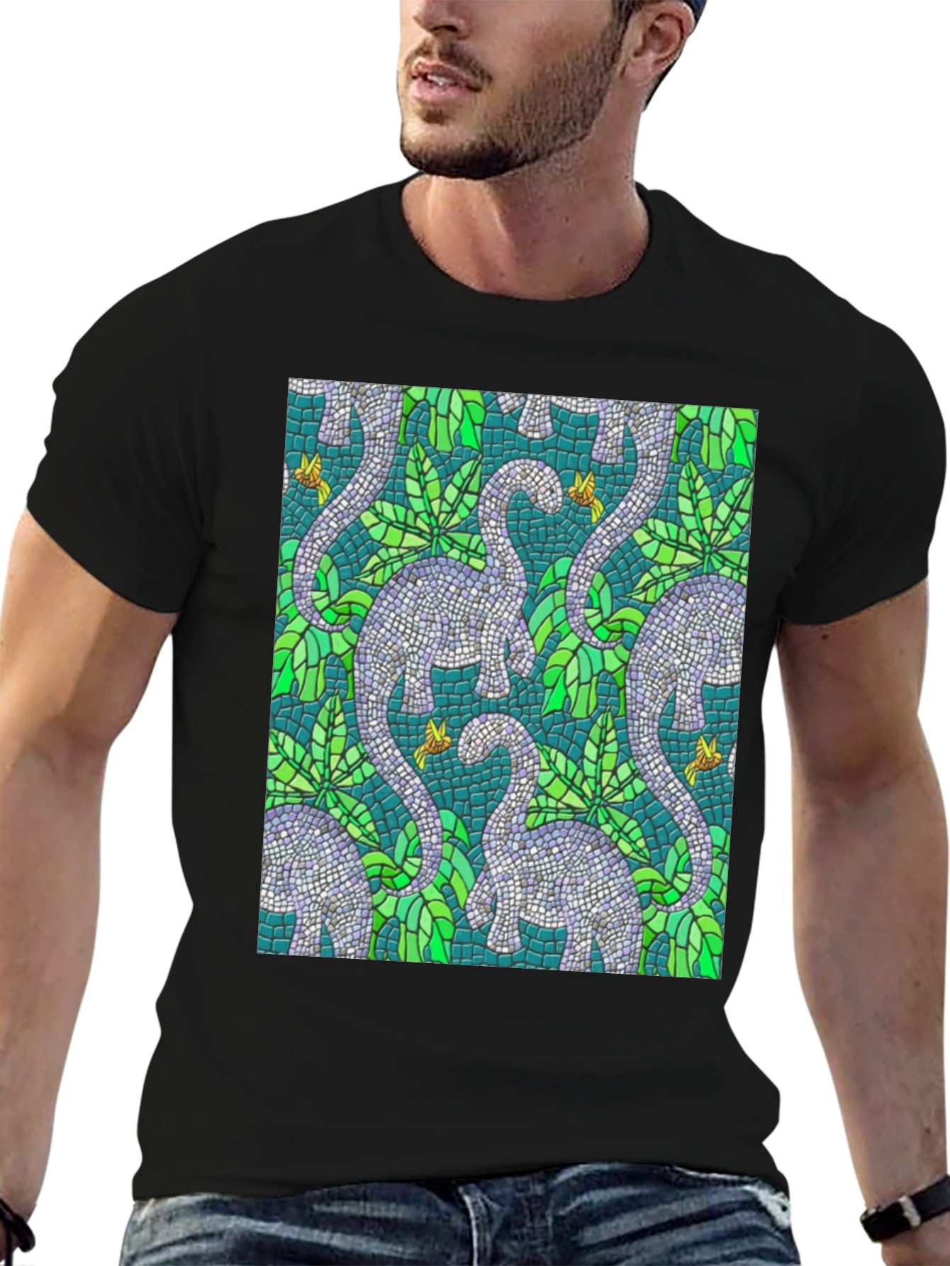 Dino Mosaic T-Shirt - Unique Reptile Pattern Tee