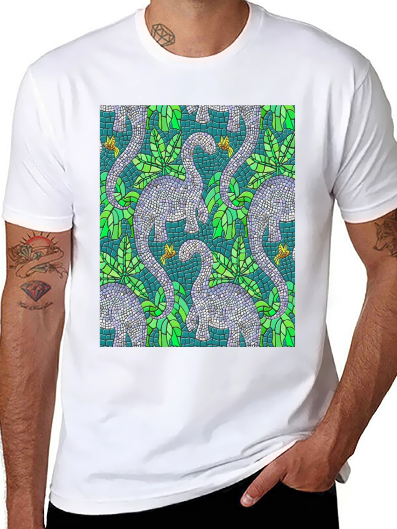 Dino Mosaic T-Shirt - Unique Reptile Pattern Tee