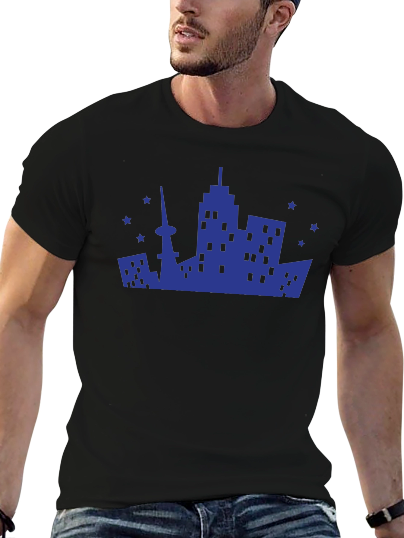 Cityscape Graphic Tee - Modern Black Cotton T-Shirt
