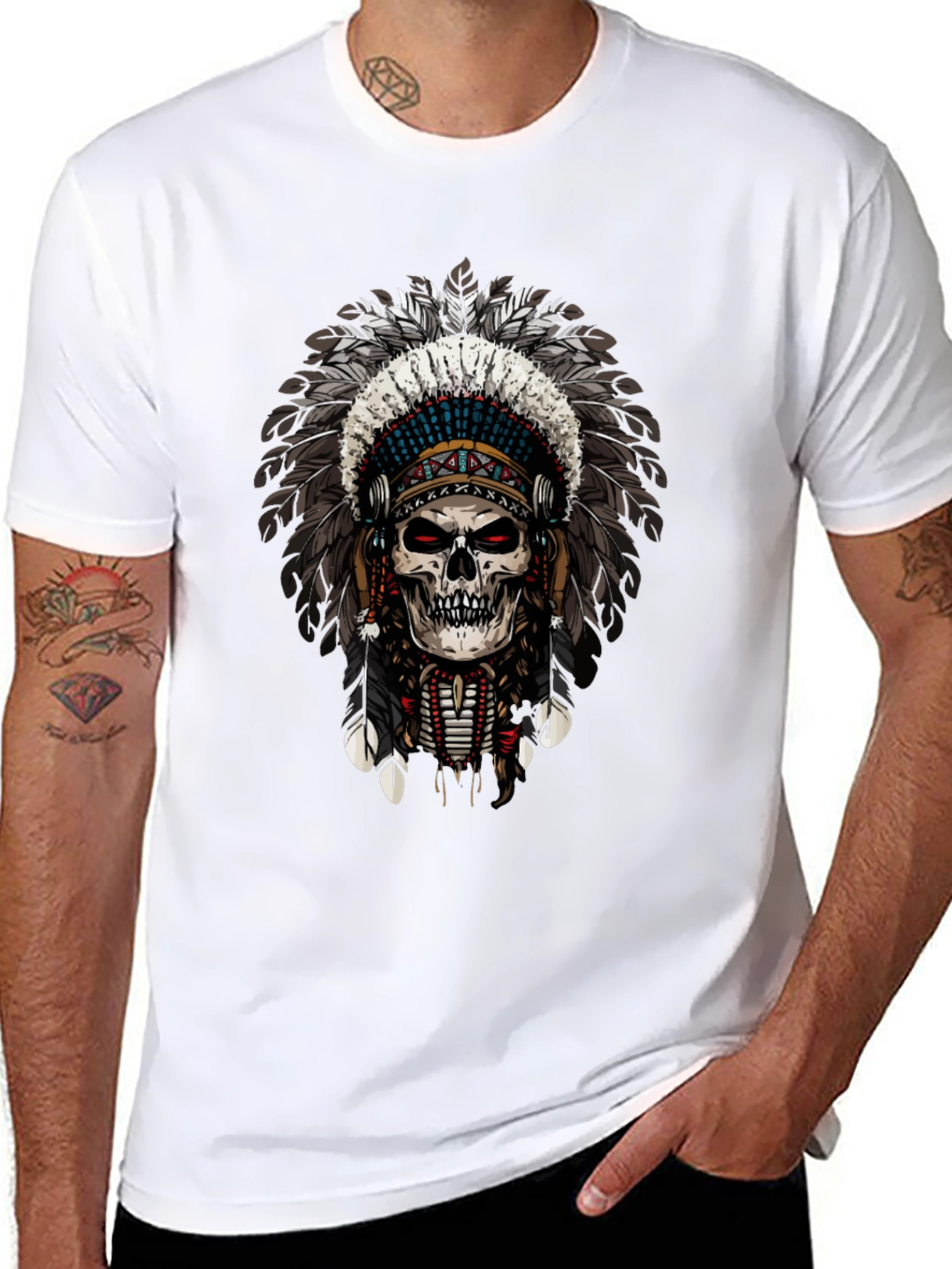 Skull Chief Feather Headdress Graphic T-Shirt