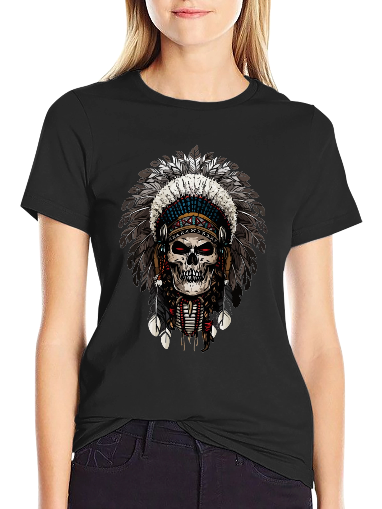 Skull Chief Feather Headdress Graphic T-Shirt