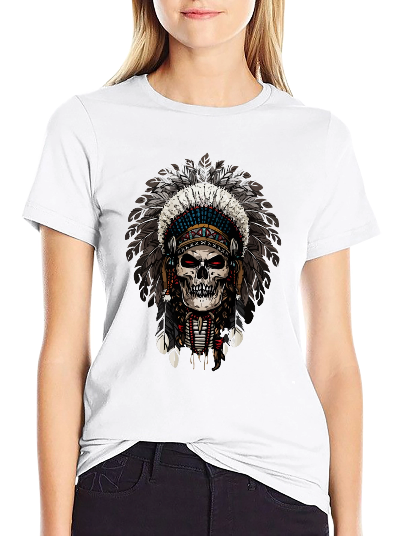 Skull Chief Feather Headdress Graphic T-Shirt