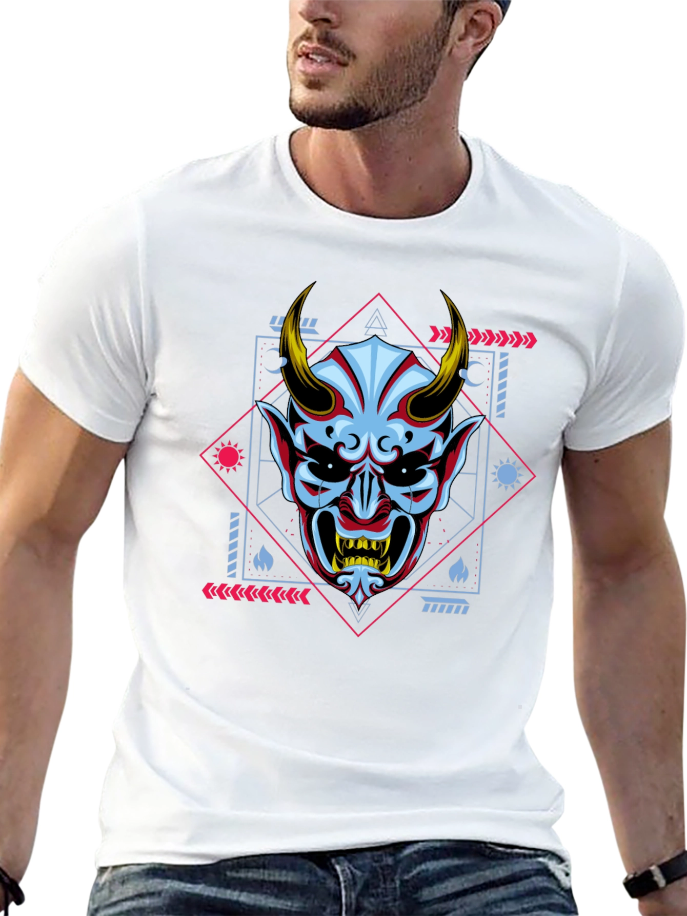 Geometric Oni Mask Graphic Tee - Black