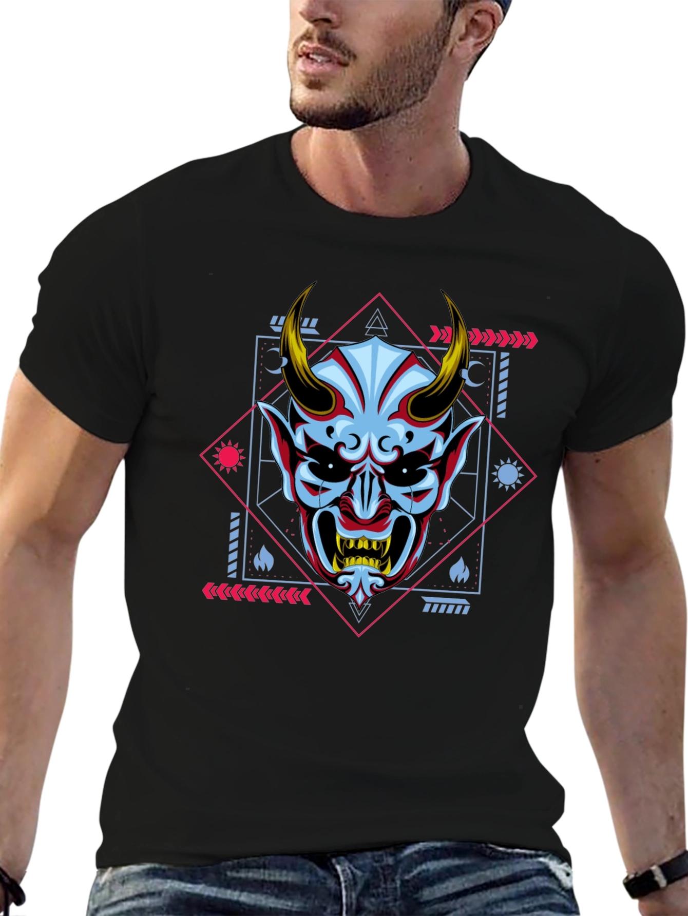 Geometric Oni Mask Graphic Tee - Black