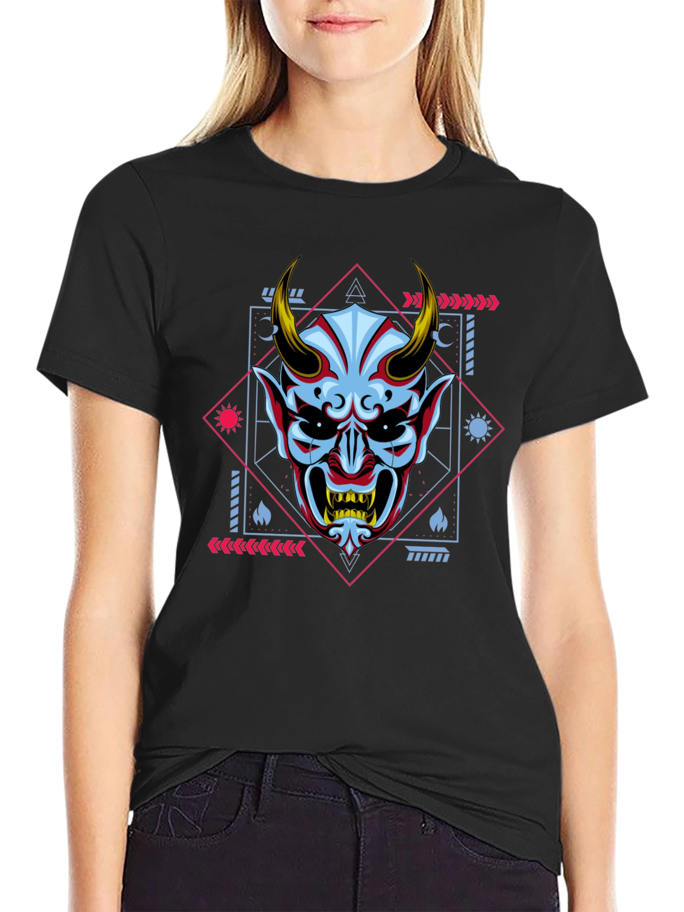Geometric Oni Mask Graphic Tee - Black